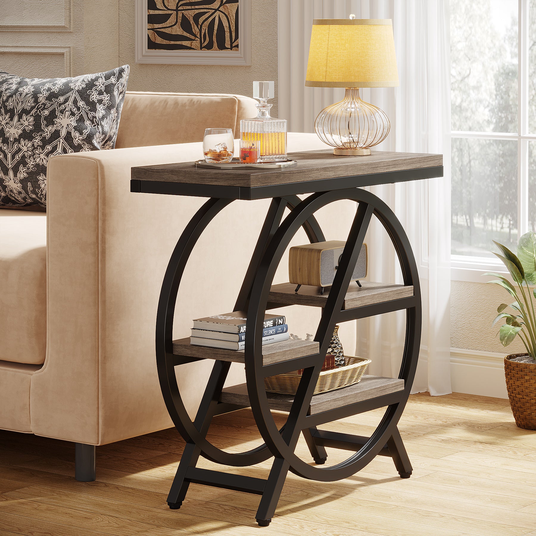 65 cm Drieplanken Bijzettafel, Industriële Houten Tafel met Geometrisch Frame voor Woonkamer