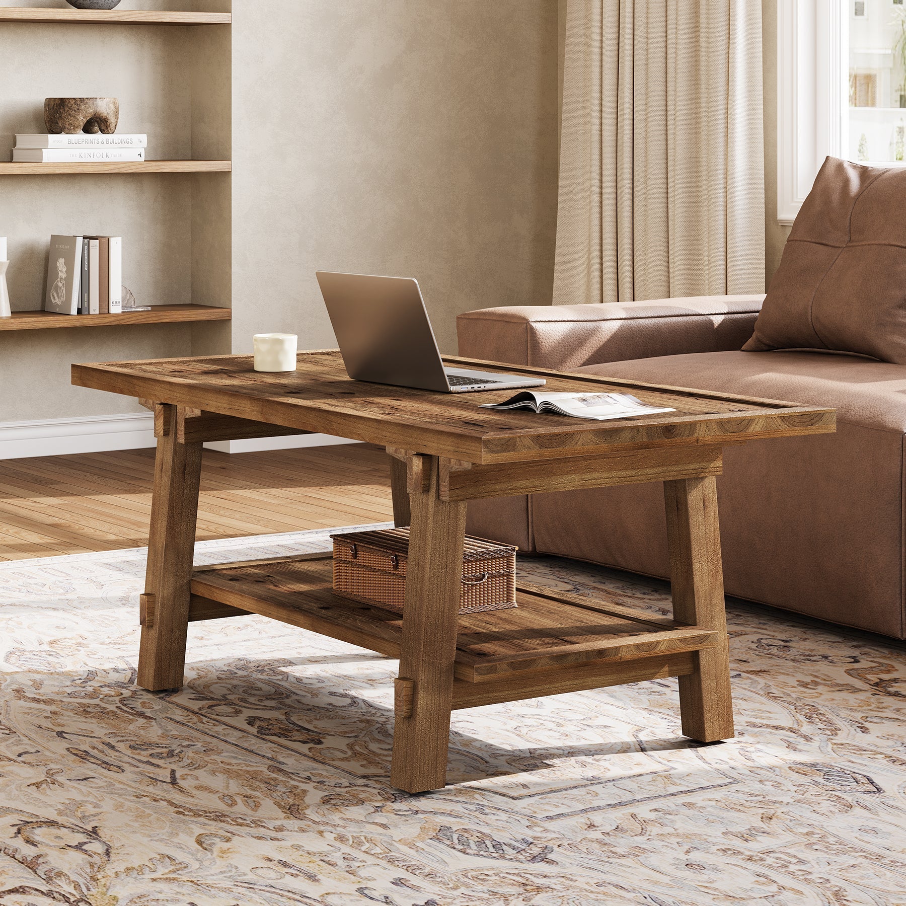 120 cm Massief Houten Salontafel, Landelijke Rechthoekige Tafel voor Woonkamer