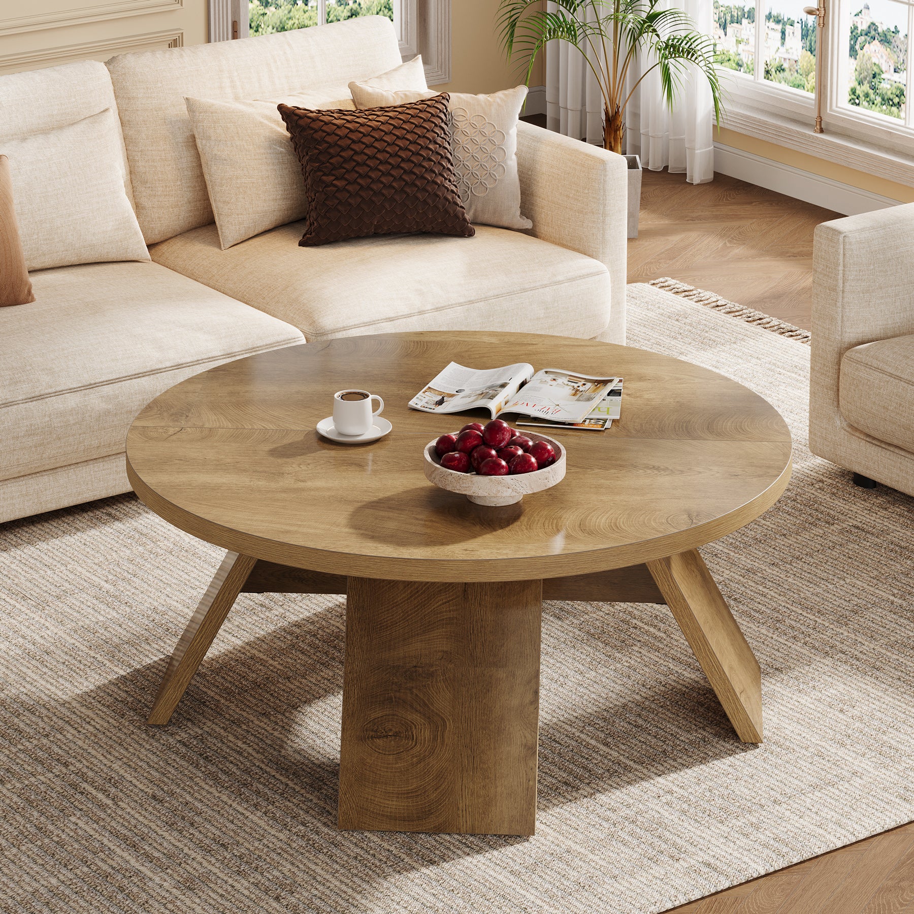 100 cm Ronde Houten Salontafel met Gespreide Poten, Modern Accent Tafel voor Woonkamer