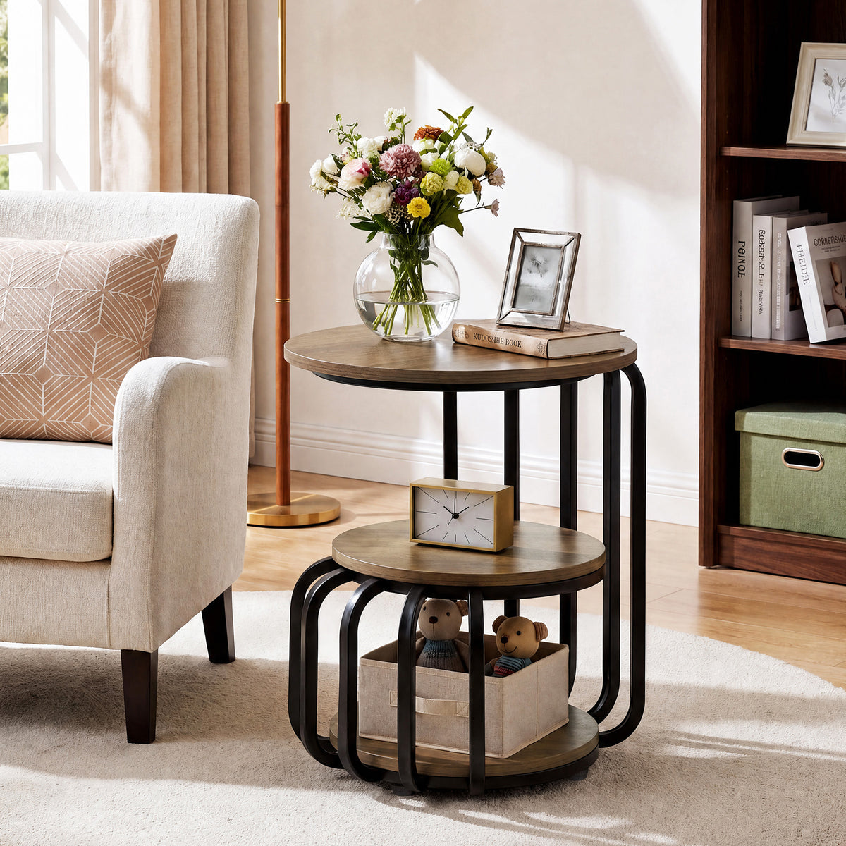 50 x 50 x 60 cm ronde bijzettafel met 3-laags opbergrek, industriële sidetable met metalen frame