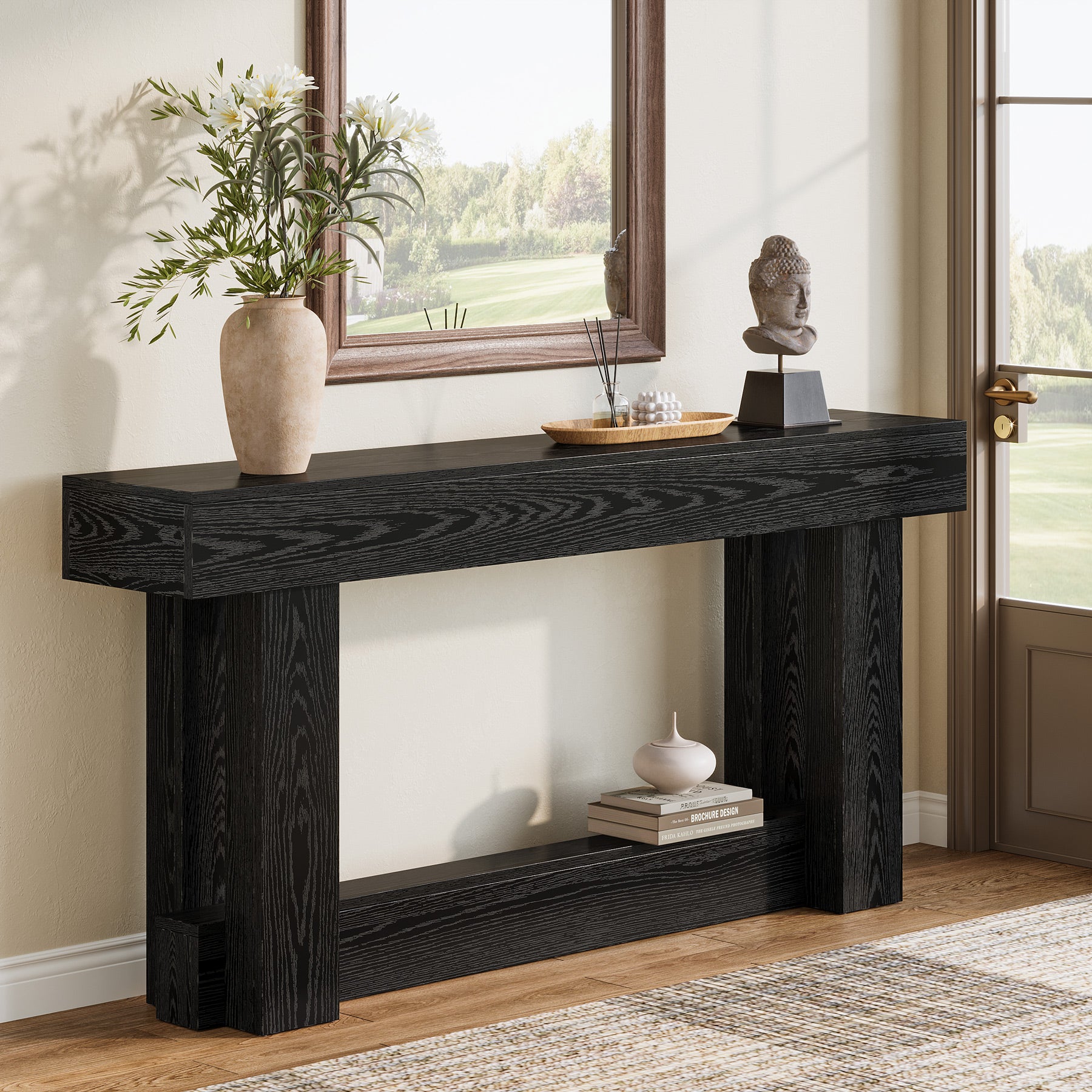 160 cm Lange Consoletafel met Opbergruimte, Tweelaags Bijzettafel in Warmbruin achter de Bank