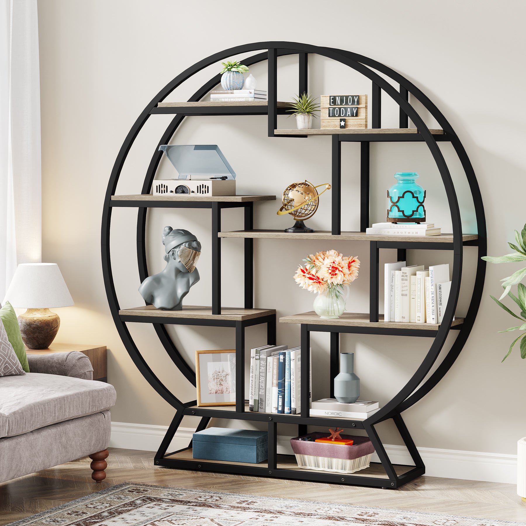 160 cm Ronde Boekenkast, Vijfplanken Opbergmeubel voor Kantoor en Woonkamer