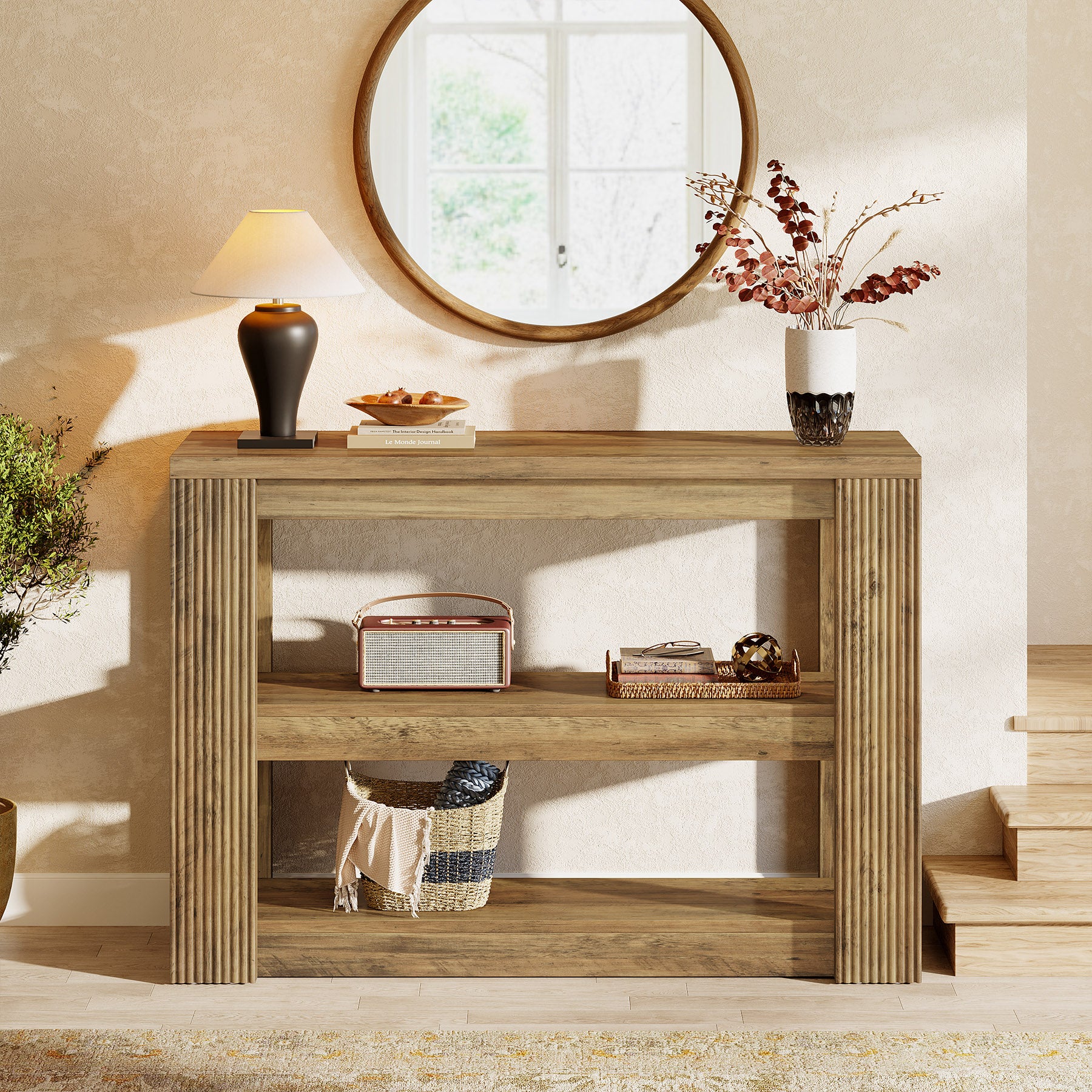 105 cm Landelijke Consoletafel met 3 Planken, Smalle Banktafel