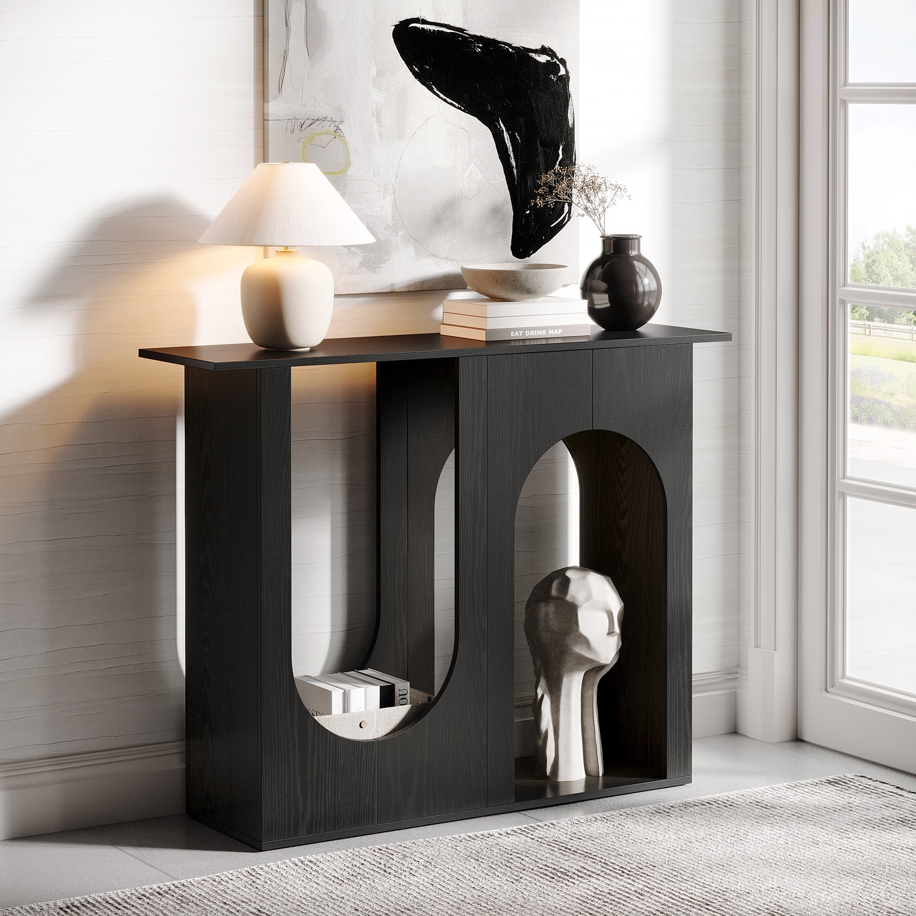 90 cm Zwarte Banktafel, Smalle Consoletafel met Gebogen Design voor Entree en Woonkamer