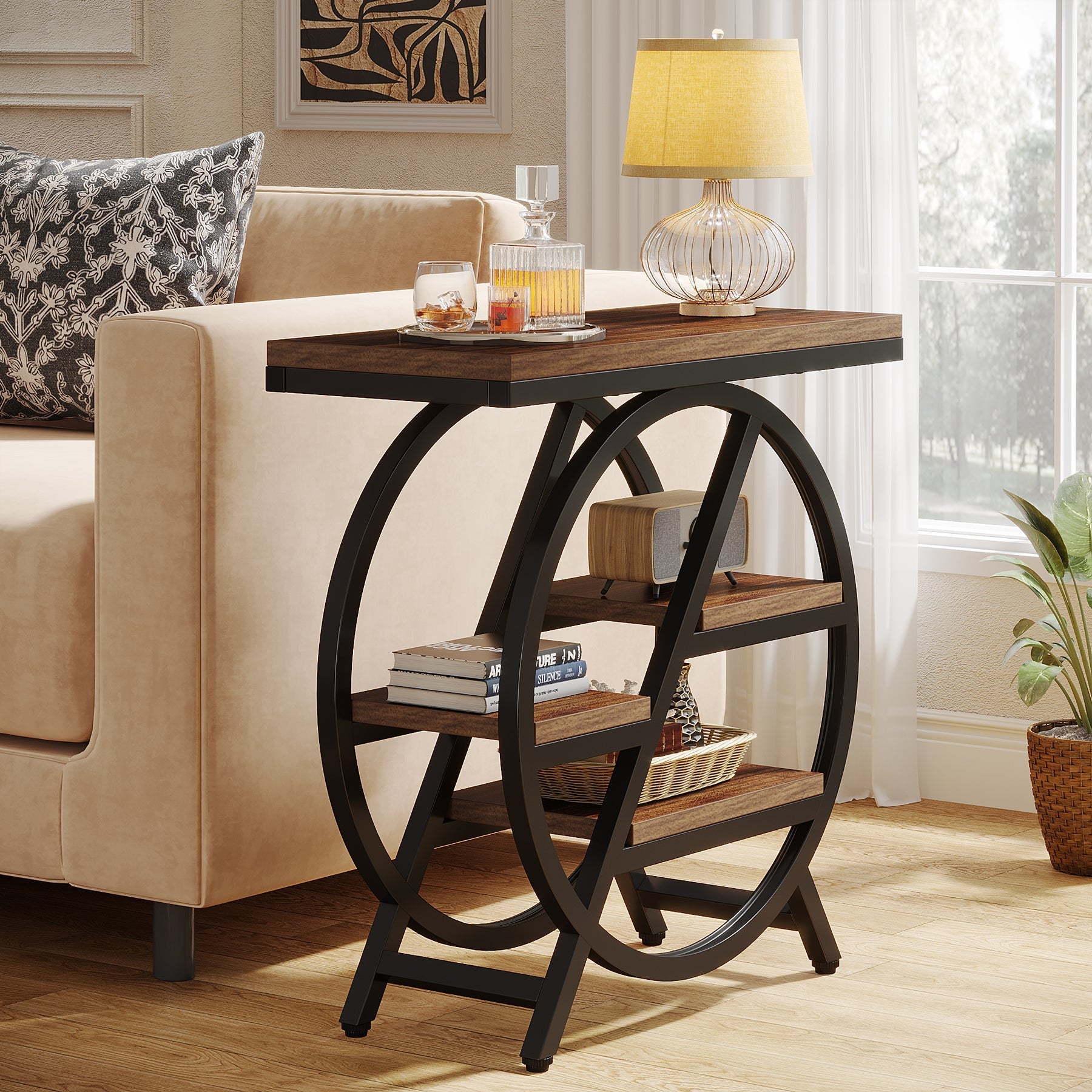 65 cm Drieplanken Bijzettafel, Industriële Houten Tafel met Geometrisch Frame voor Woonkamer