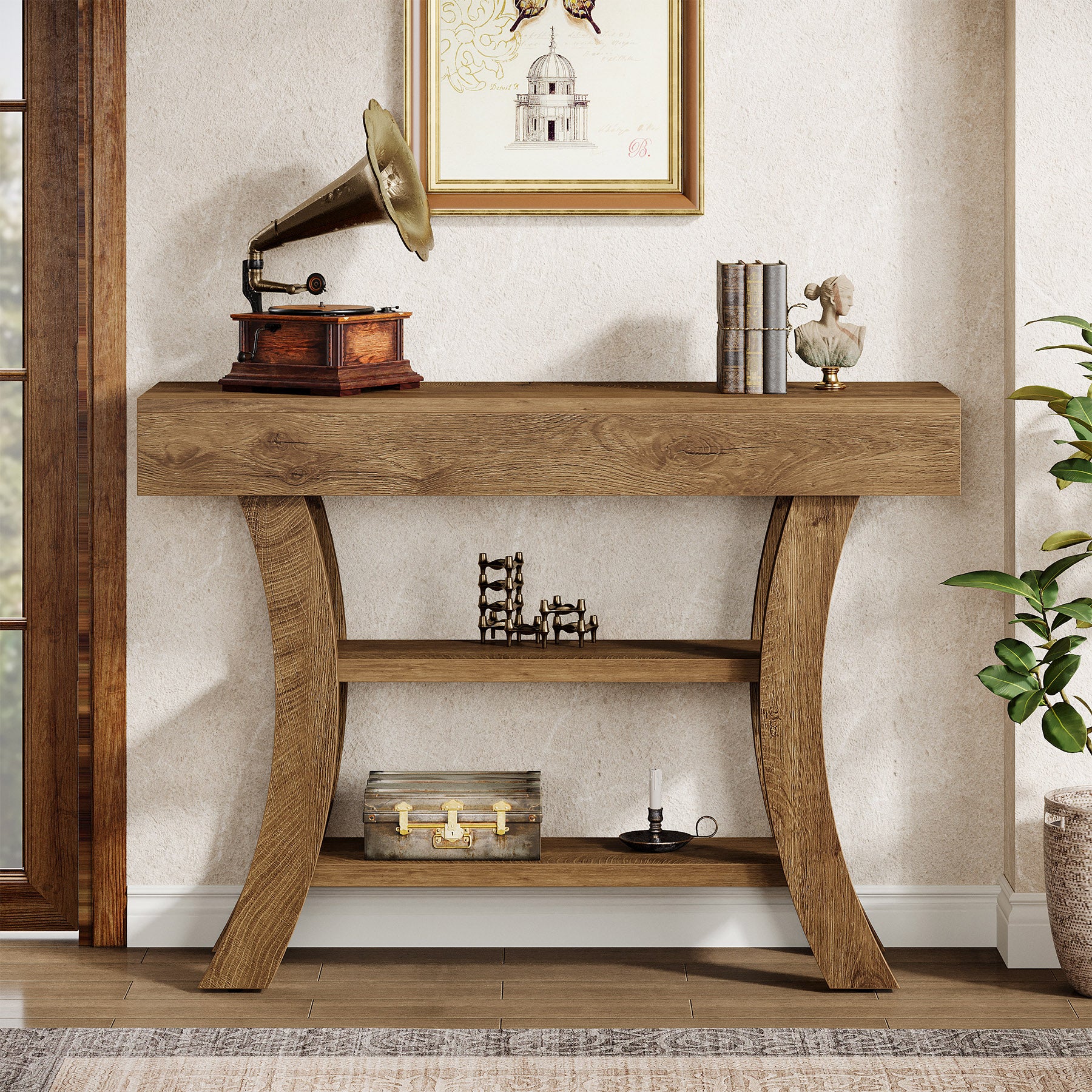 105 cm Landelijke Consoletafel, Drieplanken Salontafel met Gebogen Frame voor Hal