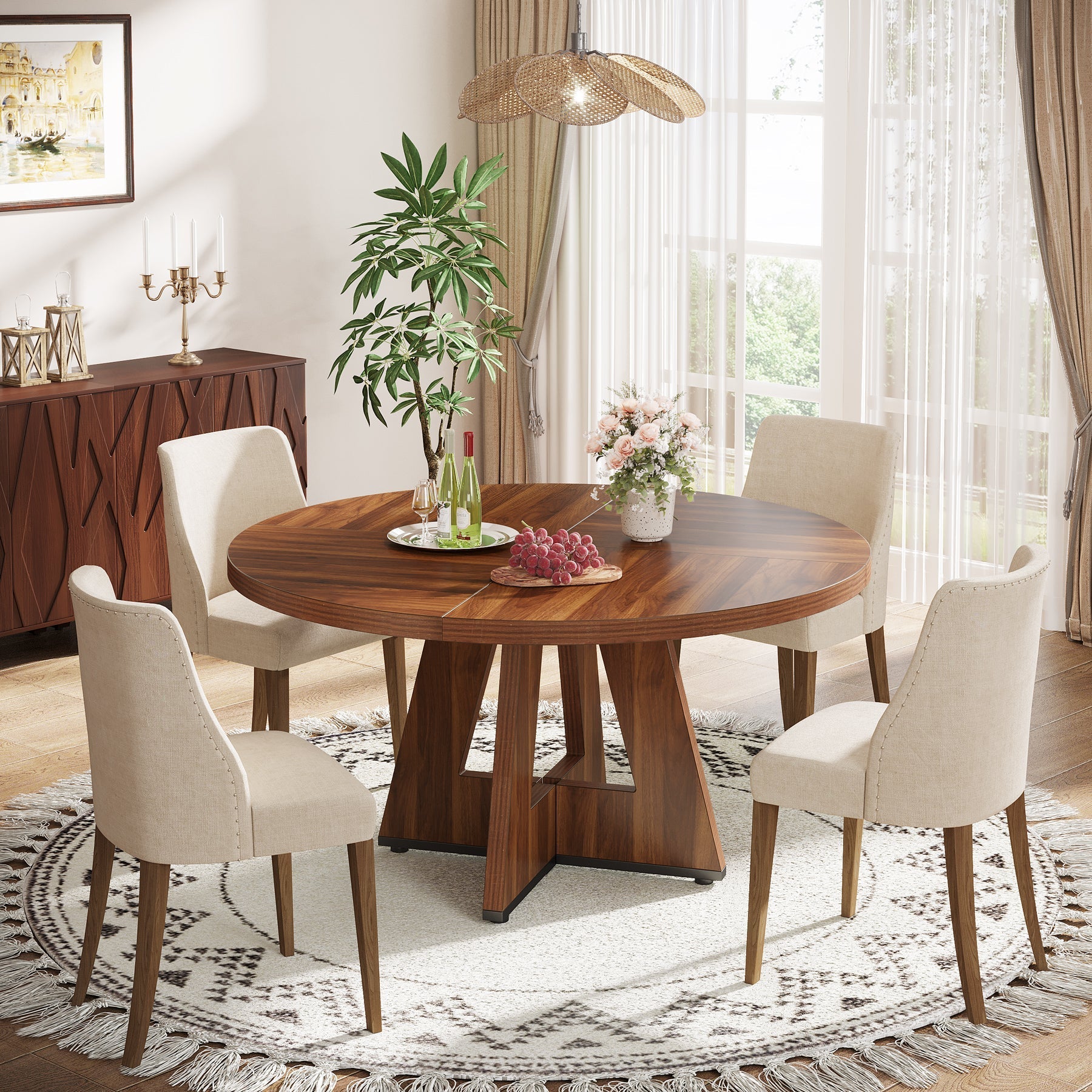 120 cm Ronde Boeren Eettafel, Bruin Houten Tafelblad voor 4 Personen in Keuken of Woonkamer