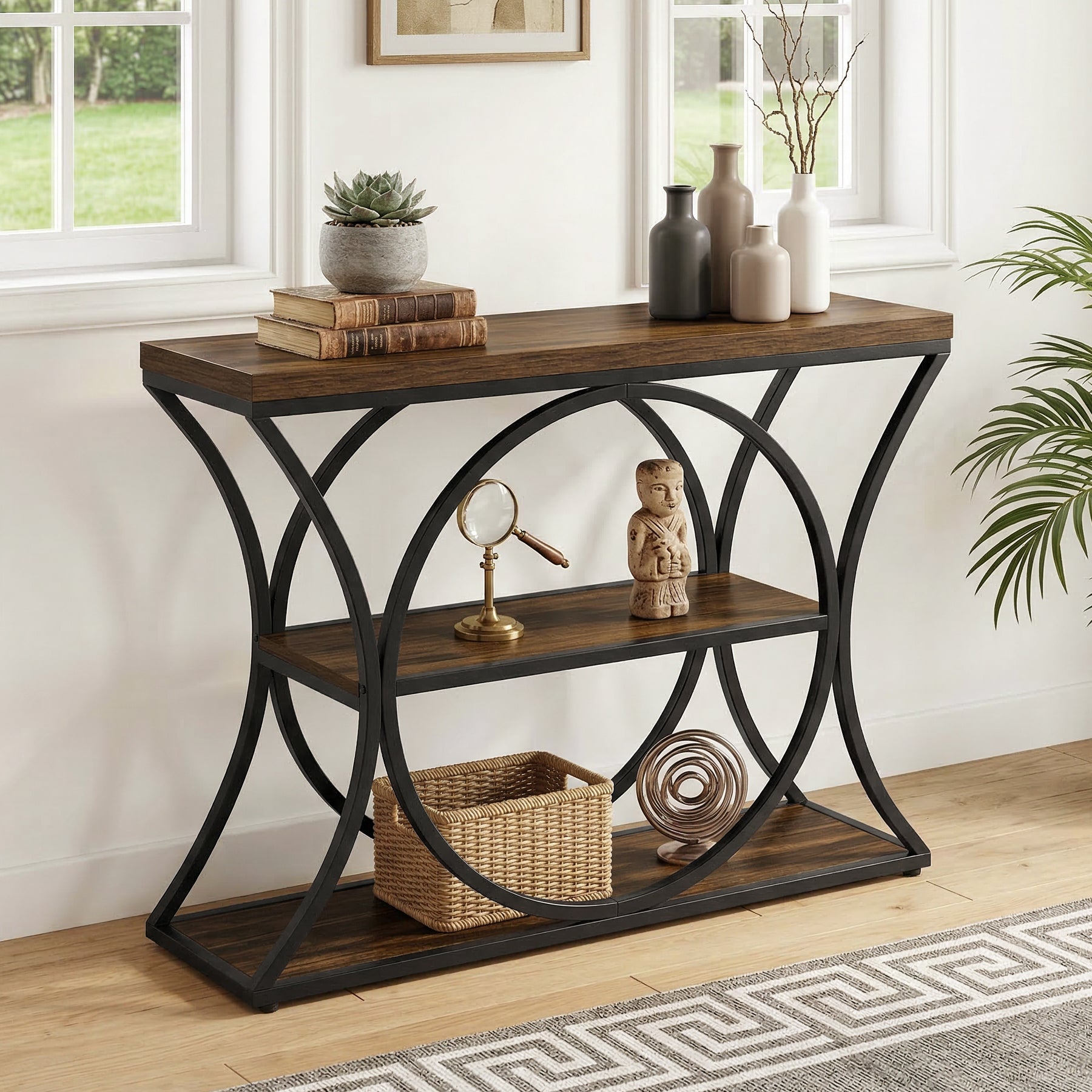 105 cm Tribesigns Industriële Consoletafel, 3-Laagse Sidetable met Boogframe