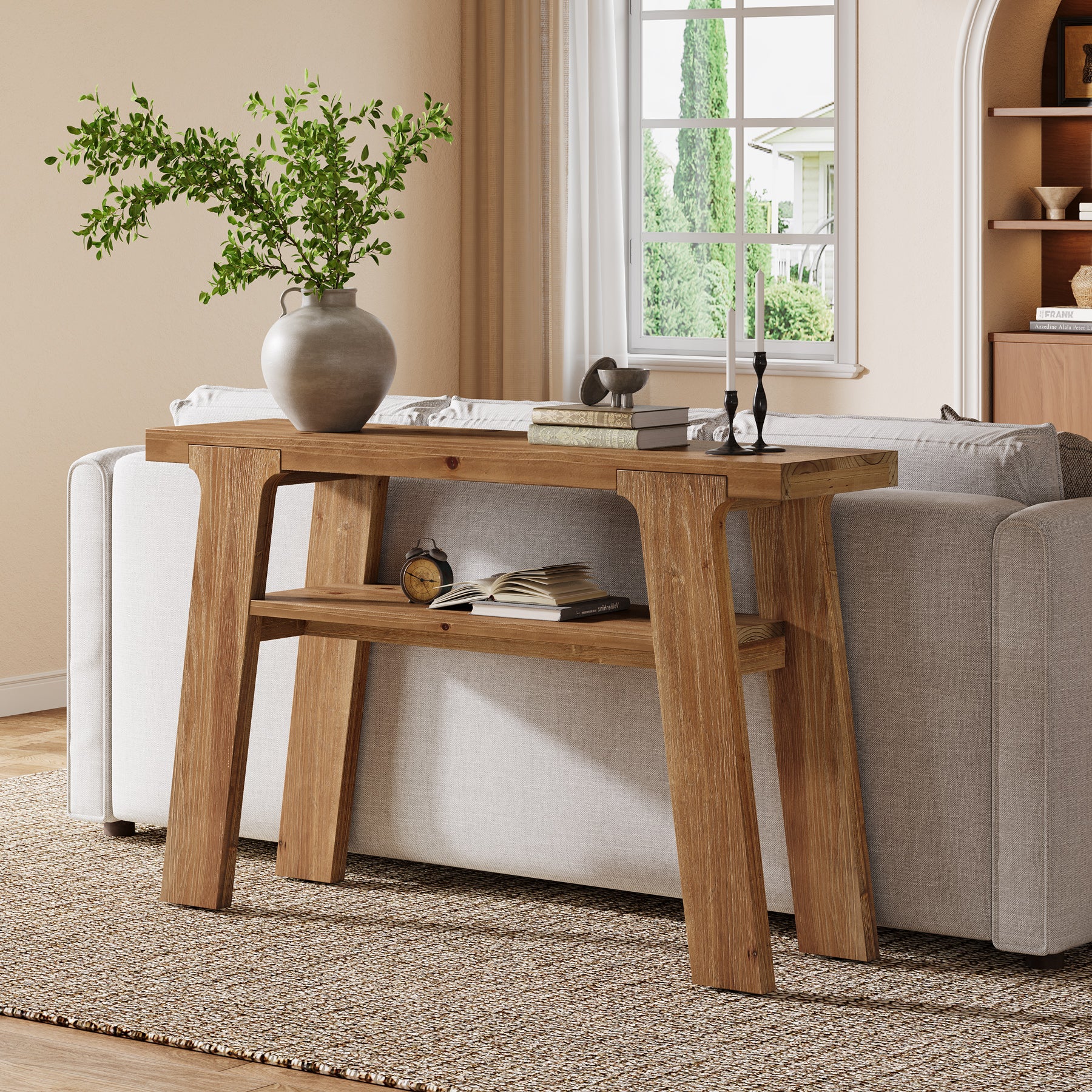120 cm Houten Consoletafel, Massief Houten Bijzettafel met 2-Laden Opbergvak