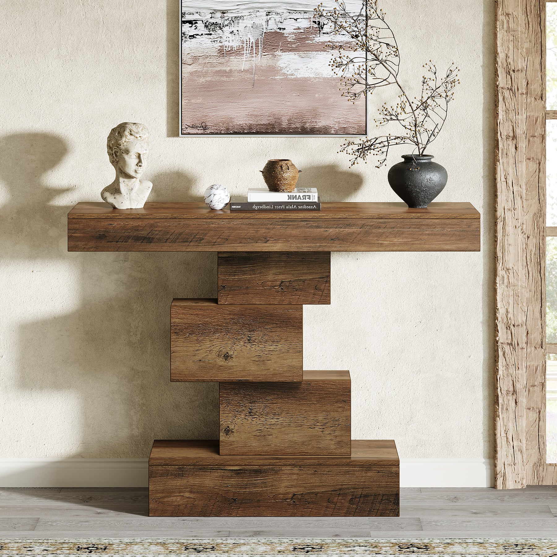 108 cm Landelijke Console, Industriële Bijzettafel met Geometrische Basis voor Hal en Woonkamer