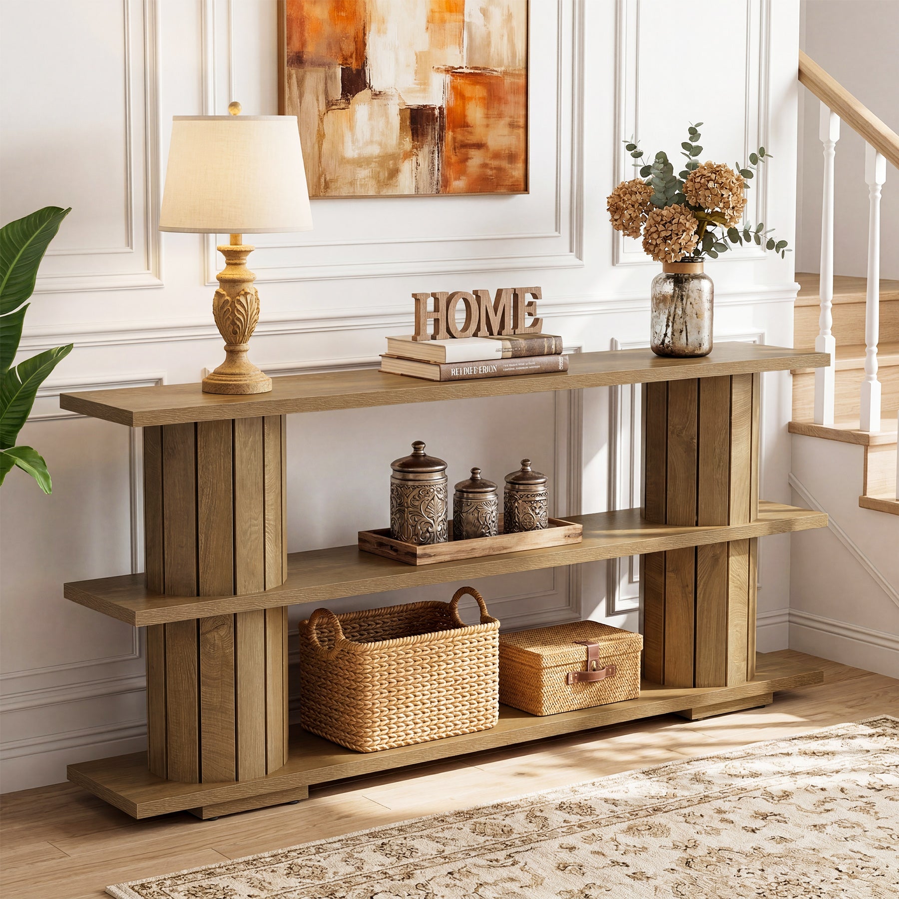 160 cm Consoletafel met 3-Laags Opbergrekken, Lange Haltafel voor Woonkamer en Entree