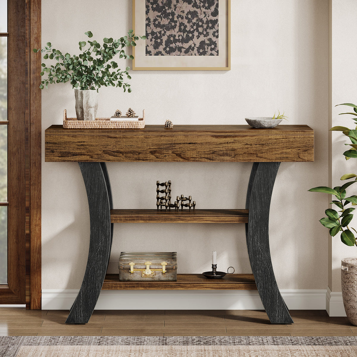 105 cm Tribesigns smalle consoletafel met 3 niveaus, gebogen haltafel met opbergruimte voor entree