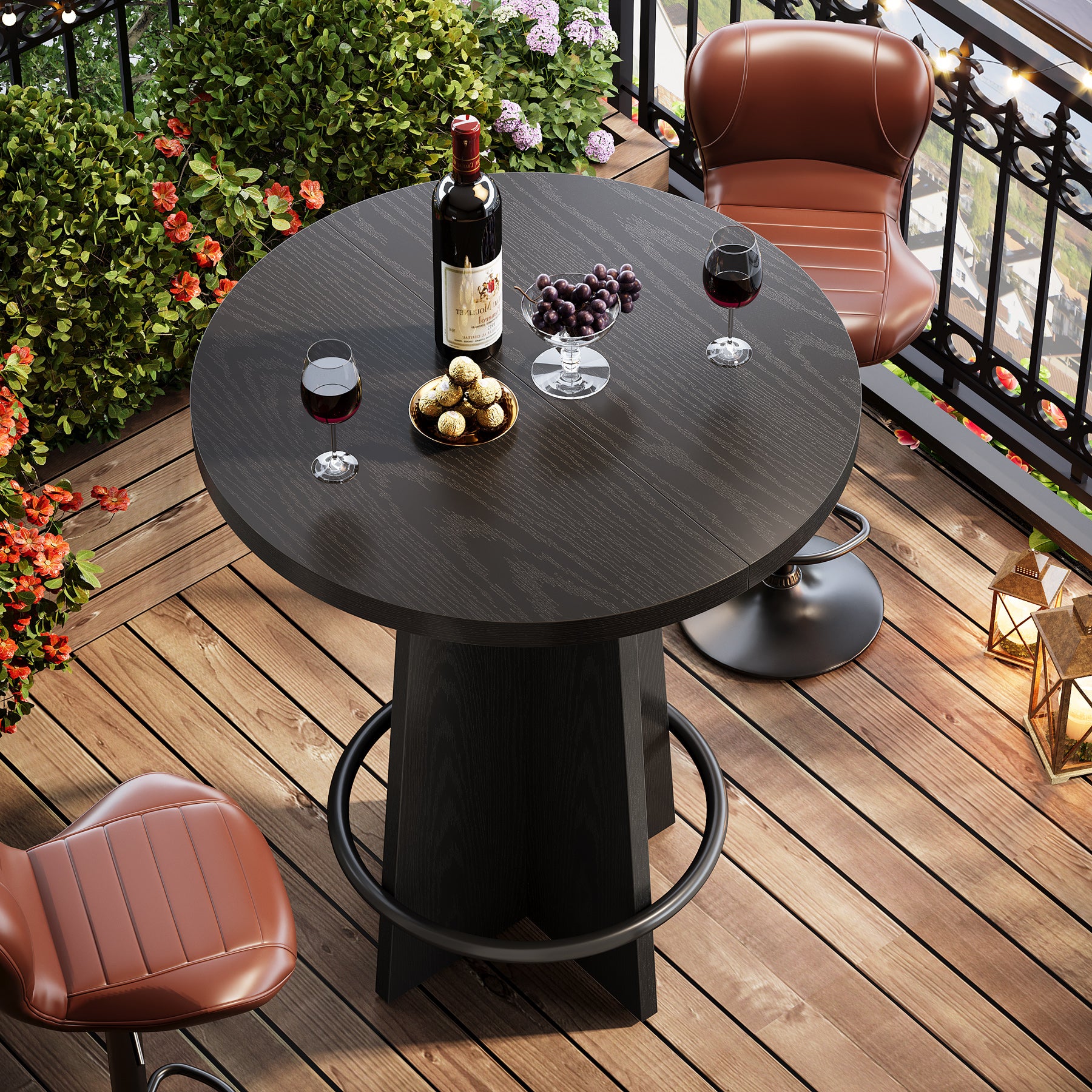 80 cm Bar Tafel, Houten Pub Tafel met Metalen Ringvoetsteun