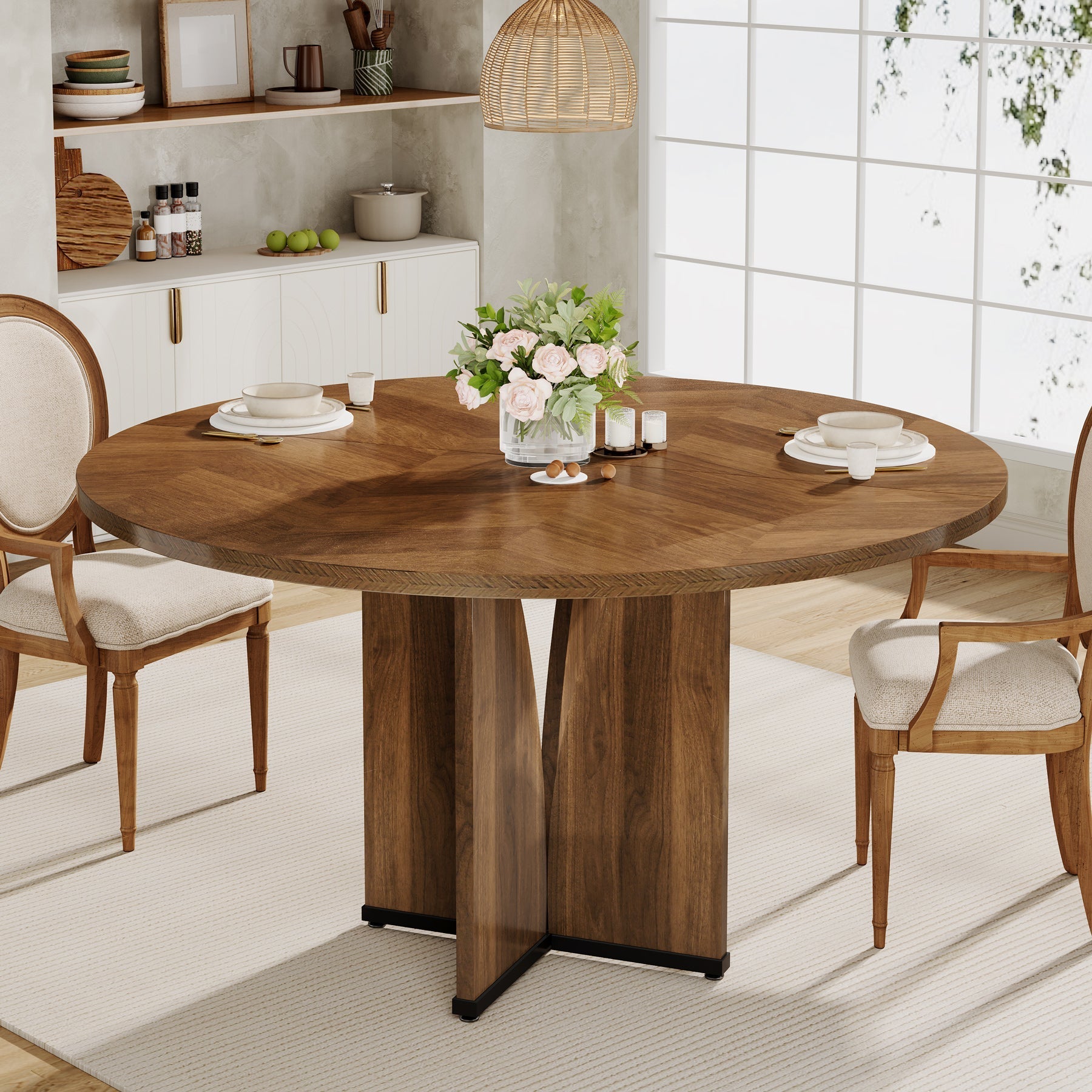 100 cm Ronde Eettafel voor Vier Personen, Landelijke Keukentafel met X-Vormige Voet