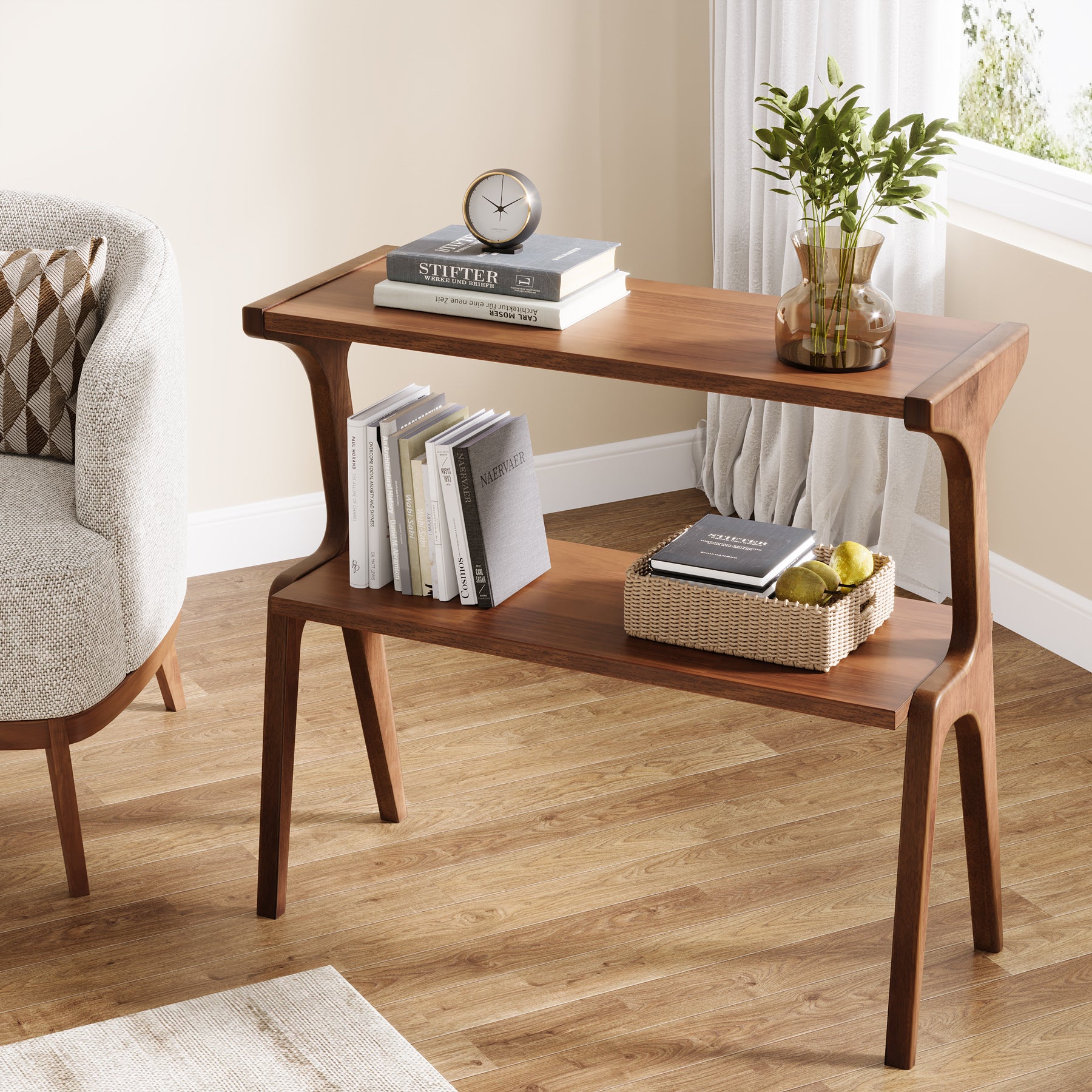 70 cm Tribesigns Bijzettafel van Massief Hout, Smalle 2-Laagse Tafel met Legplanken
