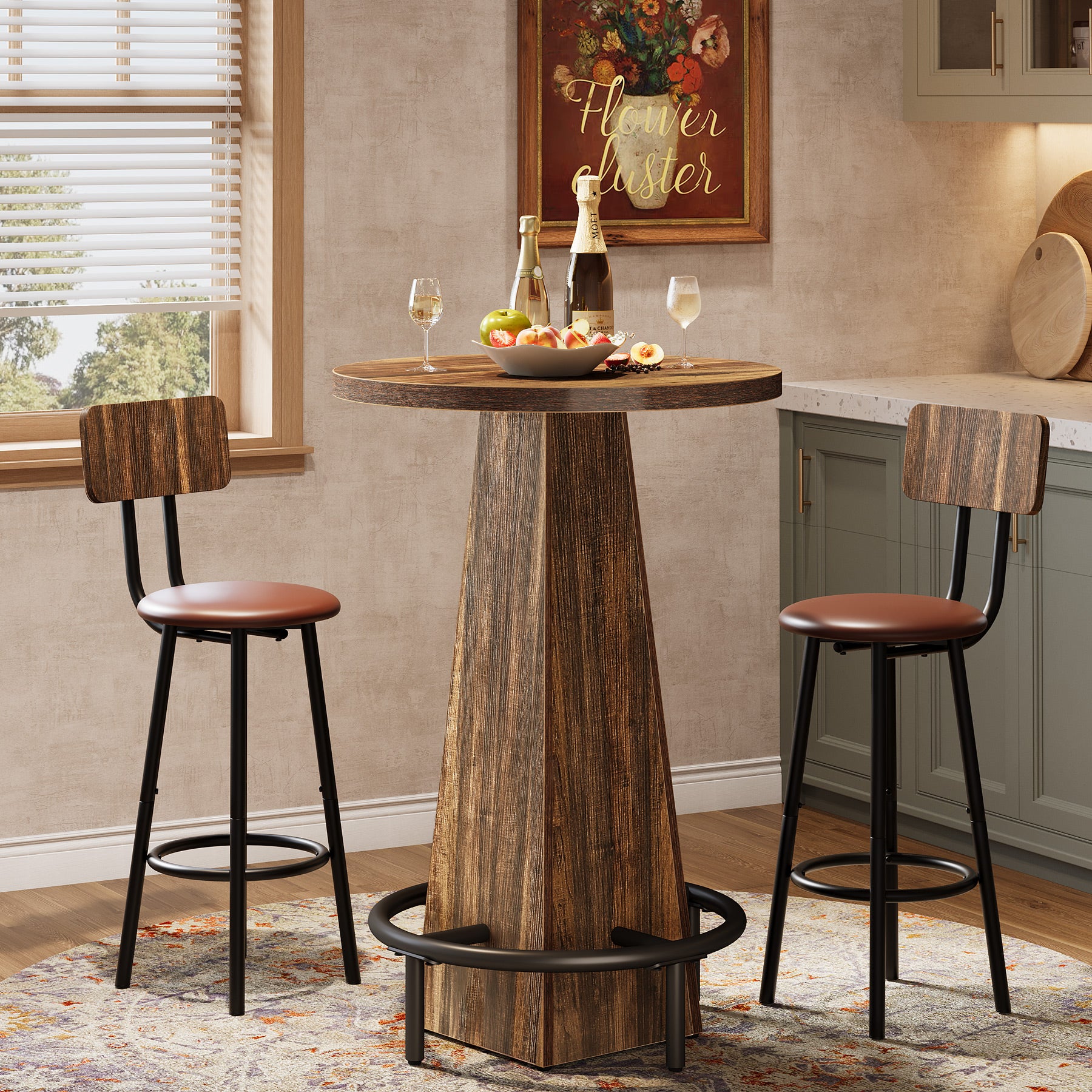 95 cm Ronde Bartafel met Metalen Voetring, Houten Bistro Statafel