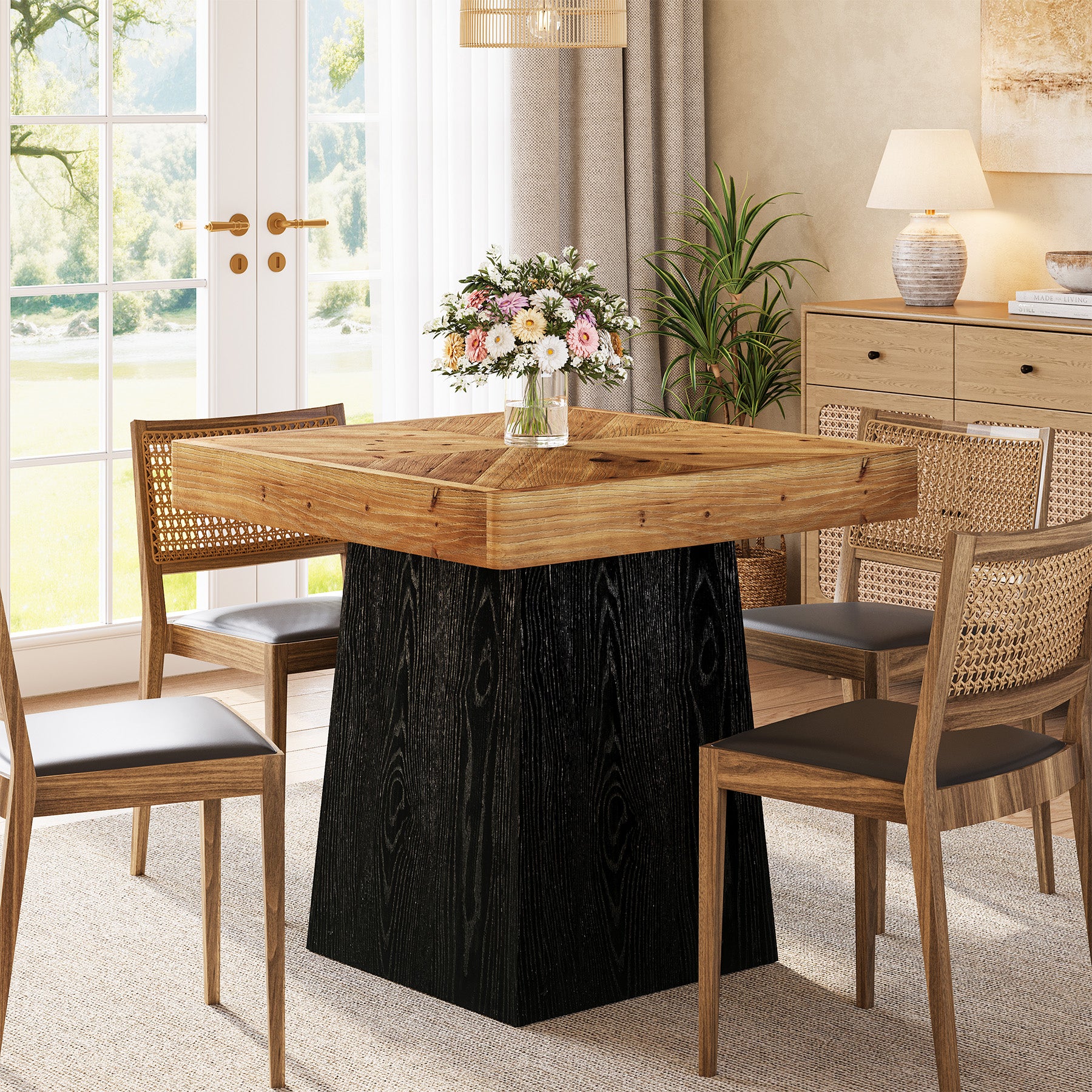 80 cm Vierkante Eettafel voor 2-4 Personen, Landelijke Houten Tafel met Parquet Blad voor Eetkamer en Kleine Ruimtes
