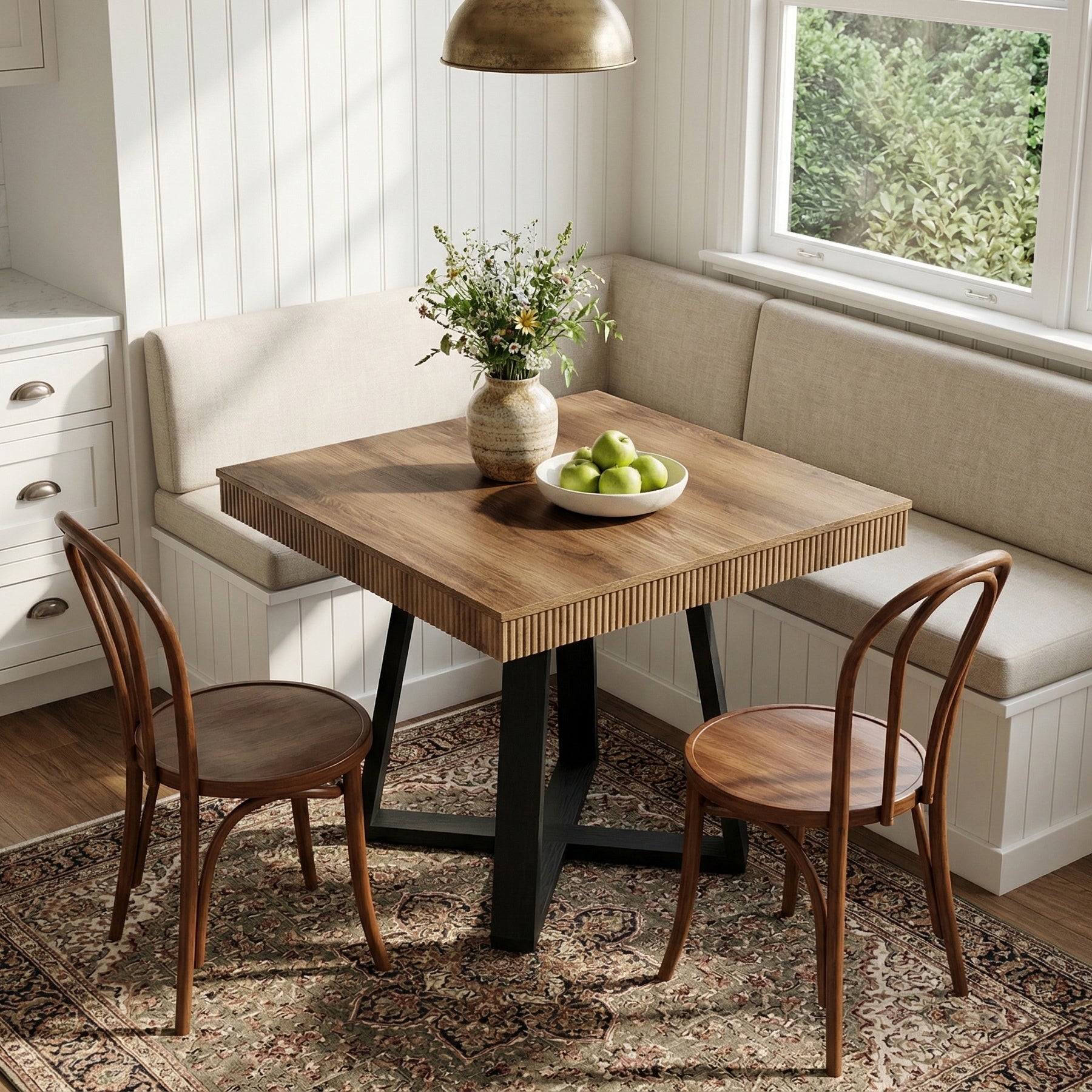80 cm Vierkante Eettafel voor 4 Personen, Landelijke Houten Tafel met Geribbelde Rand en X-Basis voor Kleine Ruimtes