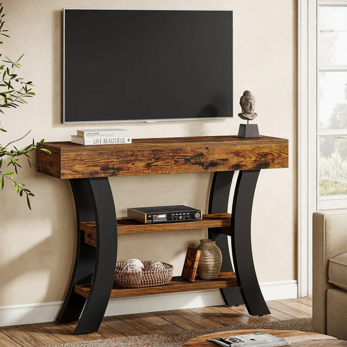 105 cm Landelijke Consoletafel, Drieplanken Salontafel met Gebogen Frame voor Hal