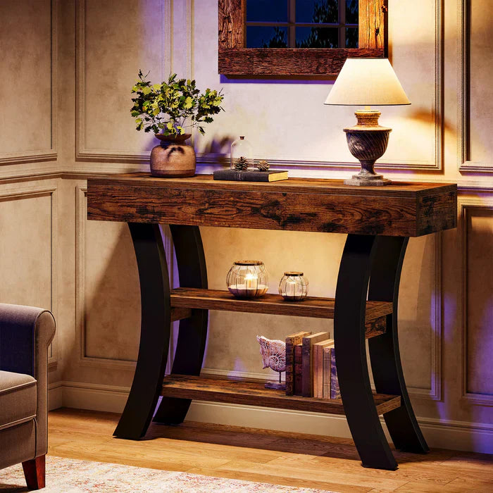 105 cm Landelijke Consoletafel, Drieplanken Salontafel met Gebogen Frame voor Hal