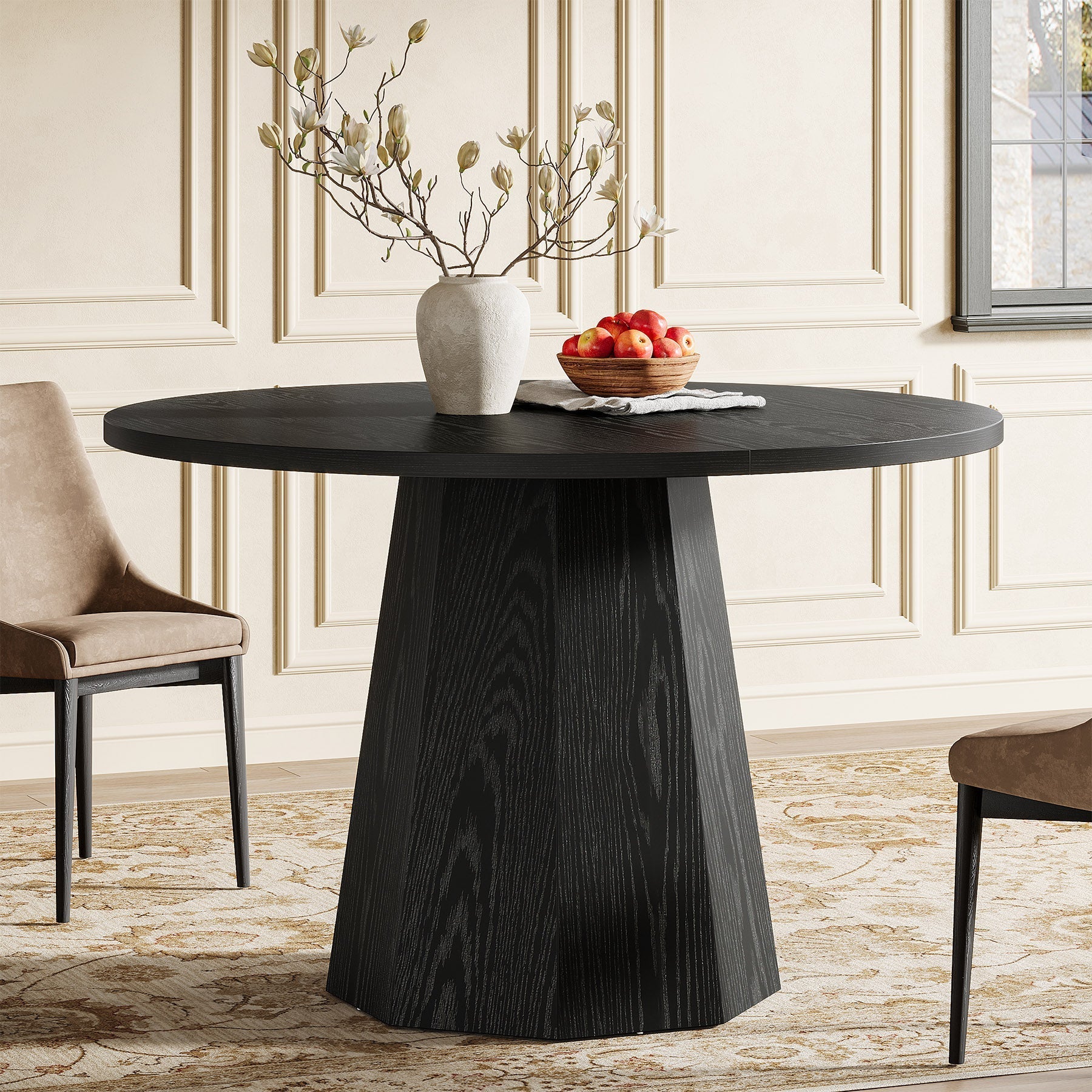 Zwarte Ronde Eettafel, 118 cm met Schuine Staander voor Keuken en Woonkamer