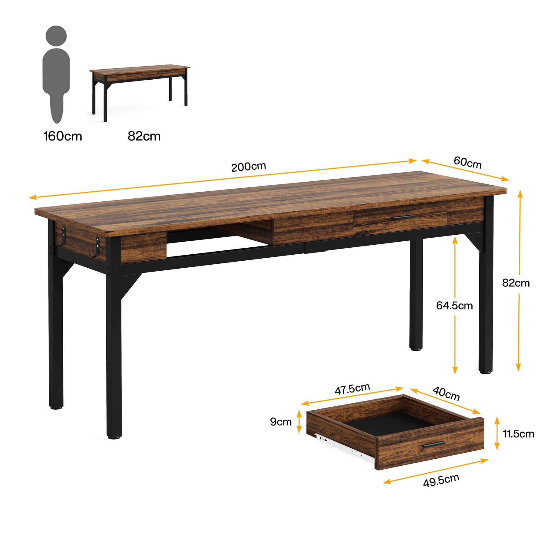 200 cm Tribesigns Computerbureau, Extra Lang Tweepersoons Werkstation in Rustiek Bruin