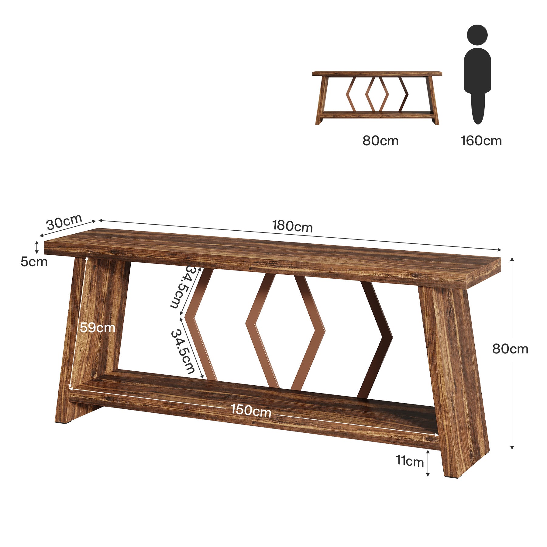 180 cm Consoletafel met Opbergruimte voor Hal en Woonkamer