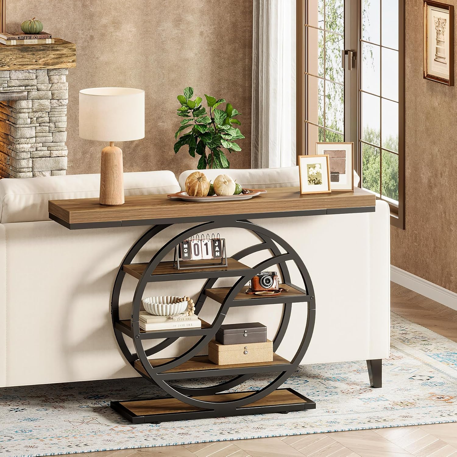 Consoletafel van 120 cm met Industrieel 5-Laags Ontwerp, Smalle Houten Accenttafel met Opbergrekken voor Woonkamer en Hal