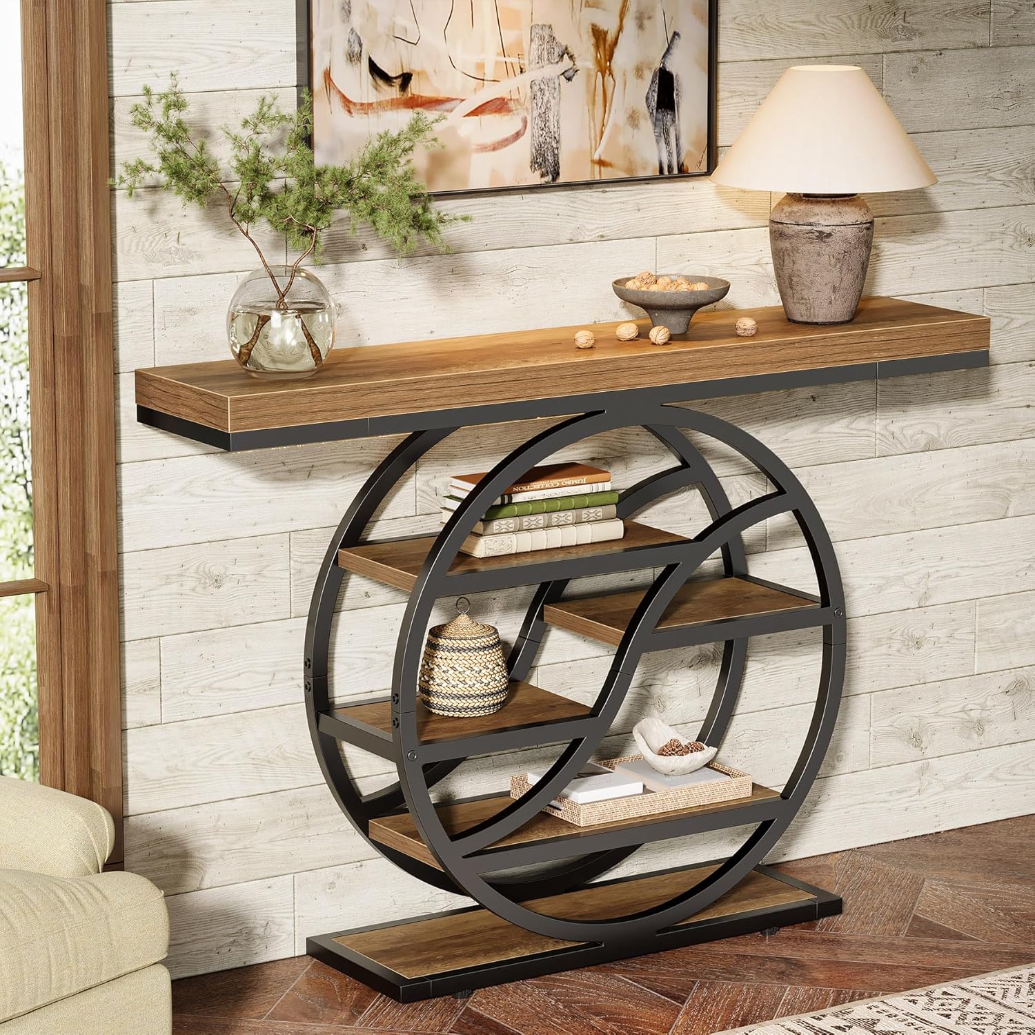 Consoletafel van 120 cm met Industrieel 5-Laags Ontwerp, Smalle Houten Accenttafel met Opbergrekken voor Woonkamer en Hal