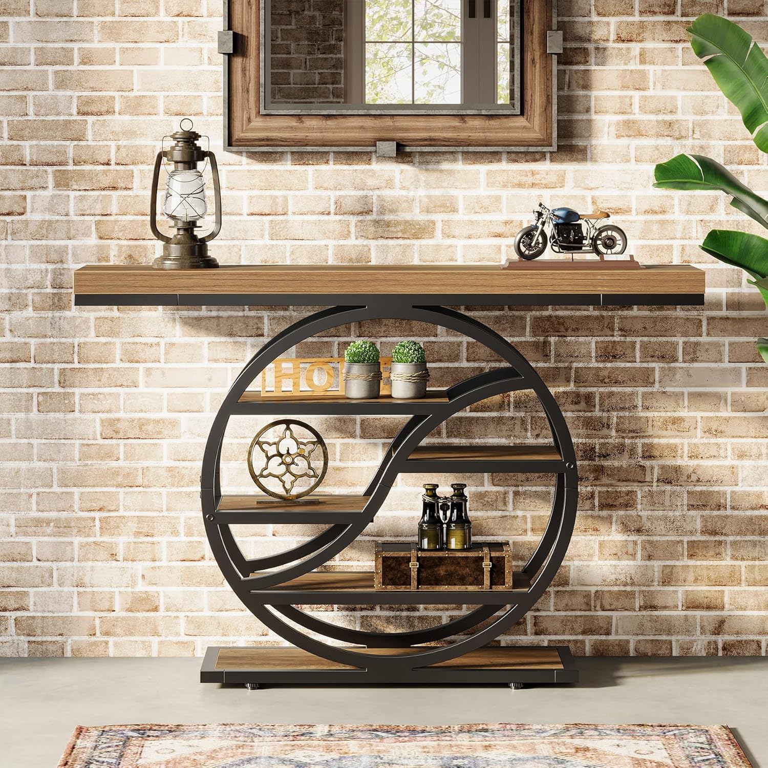 Consoletafel van 120 cm met Industrieel 5-Laags Ontwerp, Smalle Houten Accenttafel met Opbergrekken voor Woonkamer en Hal