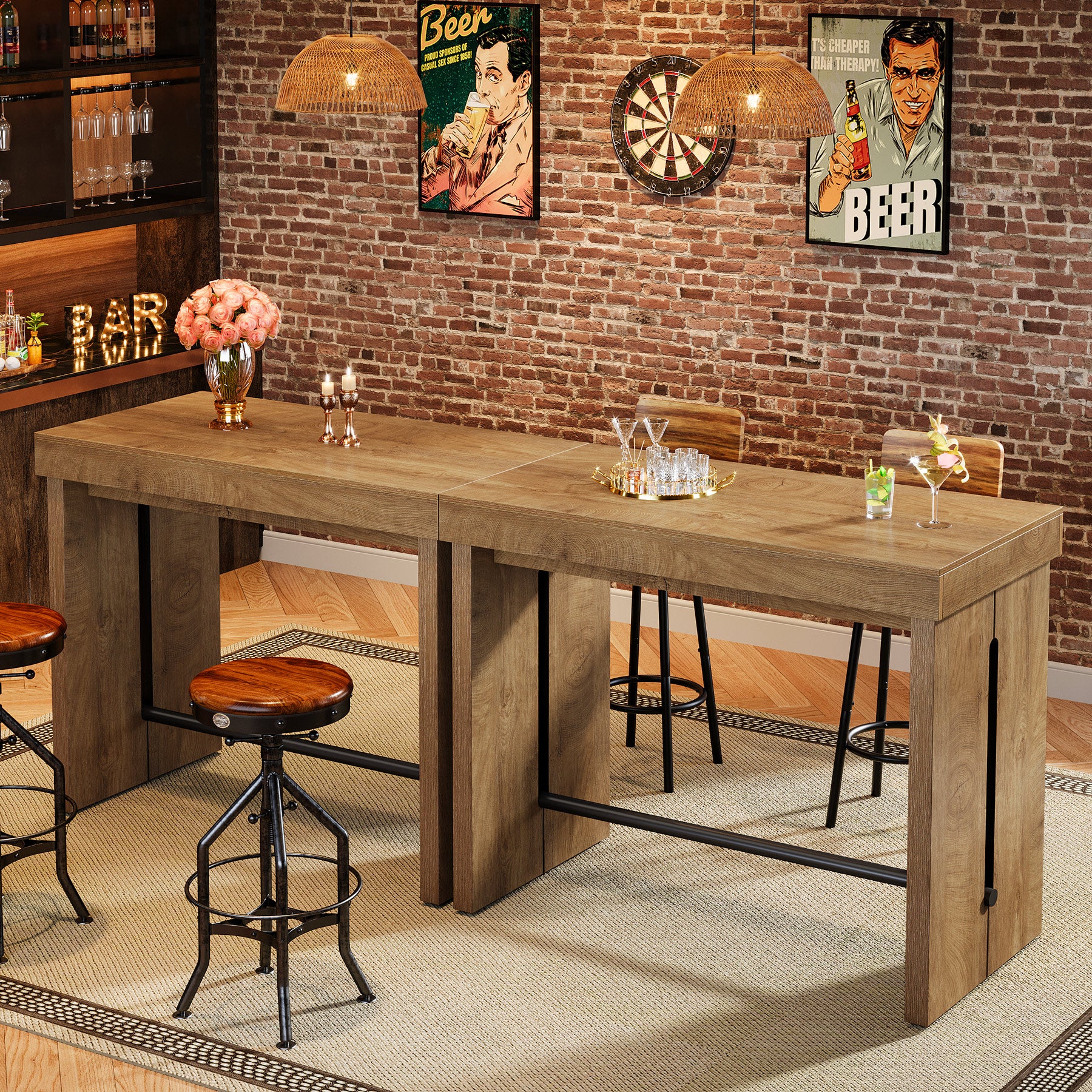105 cm Bartafel met Metalen Voetsteun, Rechthoekige Statafel voor Keuken en Bistro (Alleen Tafel)