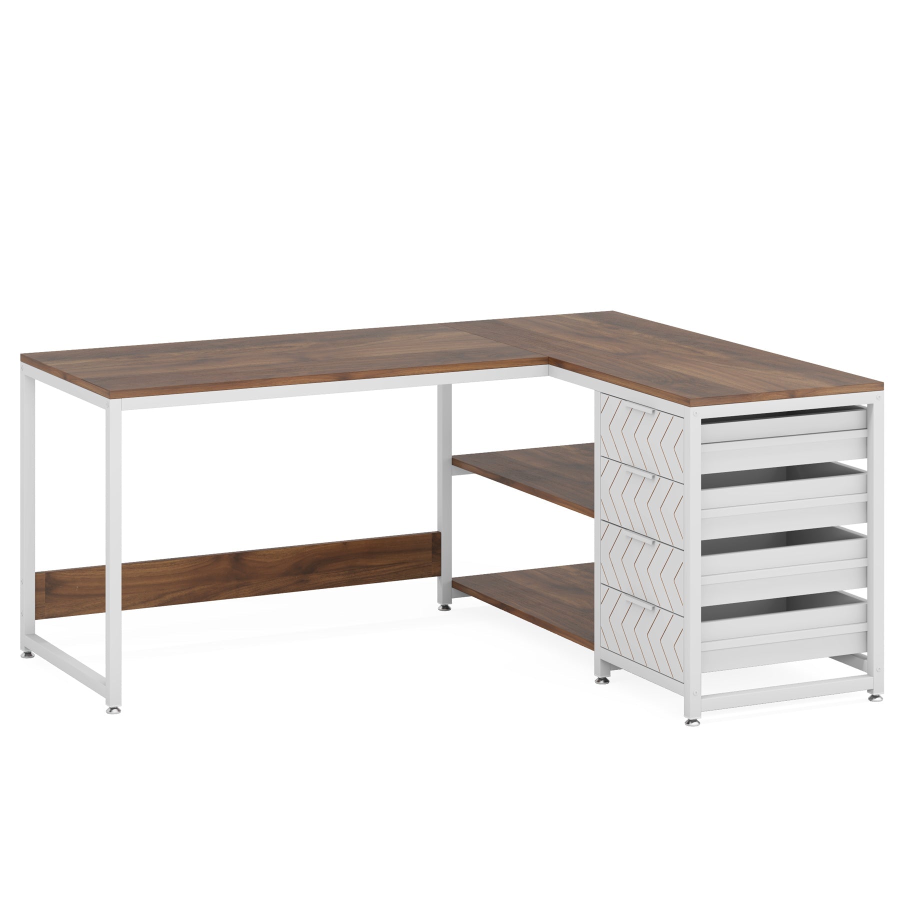 150 cm L-vormig Bureau, Met 4 Laden en 2 Planken voor Kantoor en Werkkamer