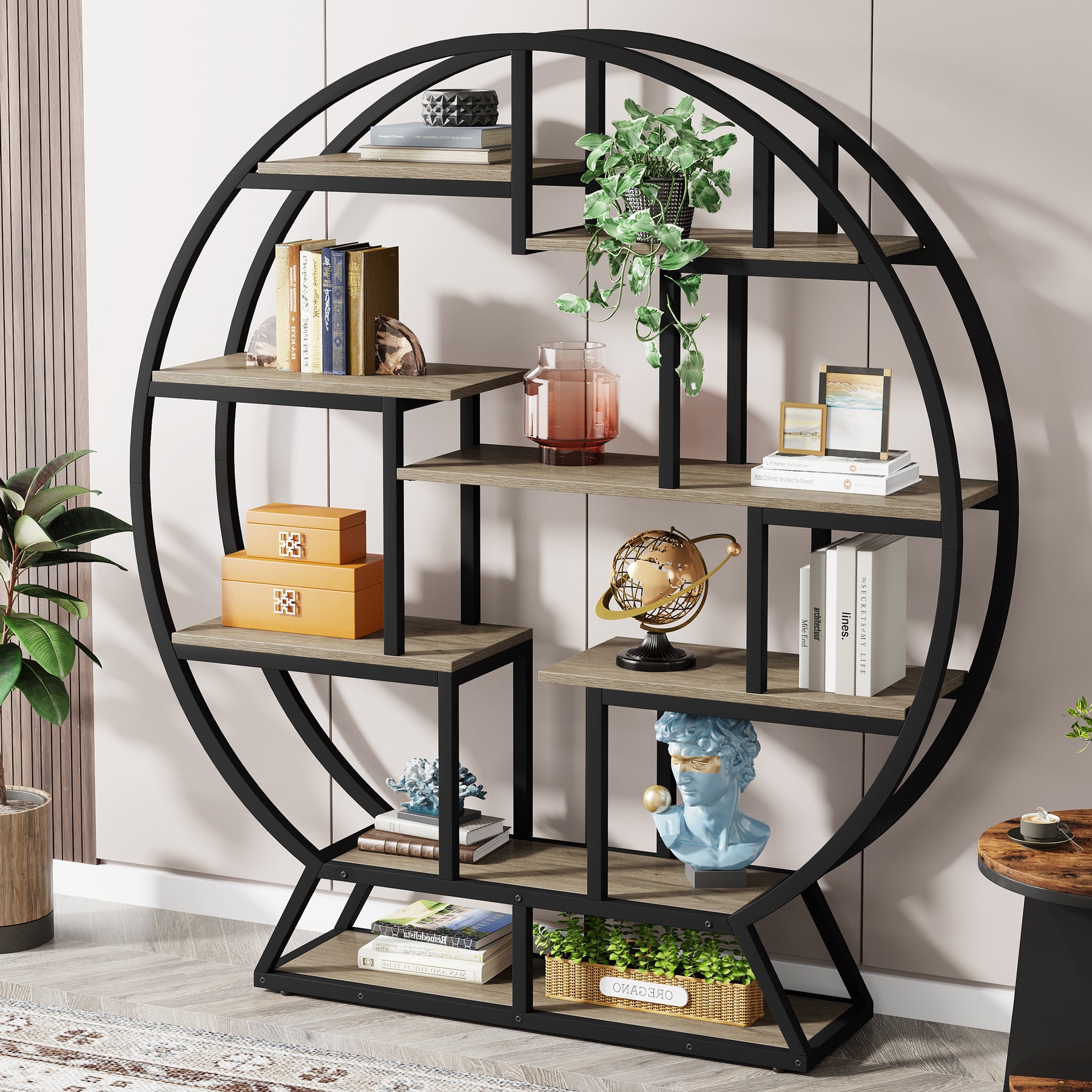 160 cm Ronde Boekenkast, Vijfplanken Opbergmeubel voor Kantoor en Woonkamer
