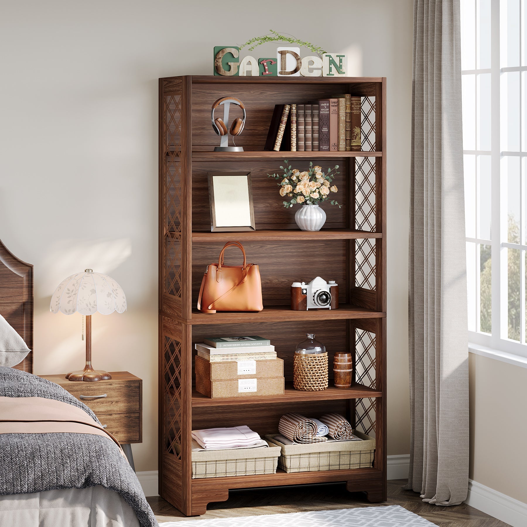 180 cm Hoge Boekenkast met Zes Planken, Mid-Century Boekenkast voor Woonkamer