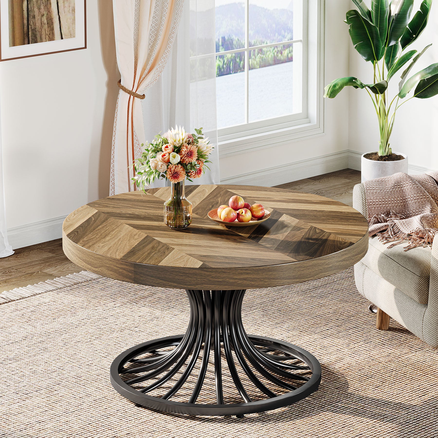 79 cm Ronde Salontafel van Hout, Landelijke Koffietafel met Metalen Sokkel voor Woonkamer