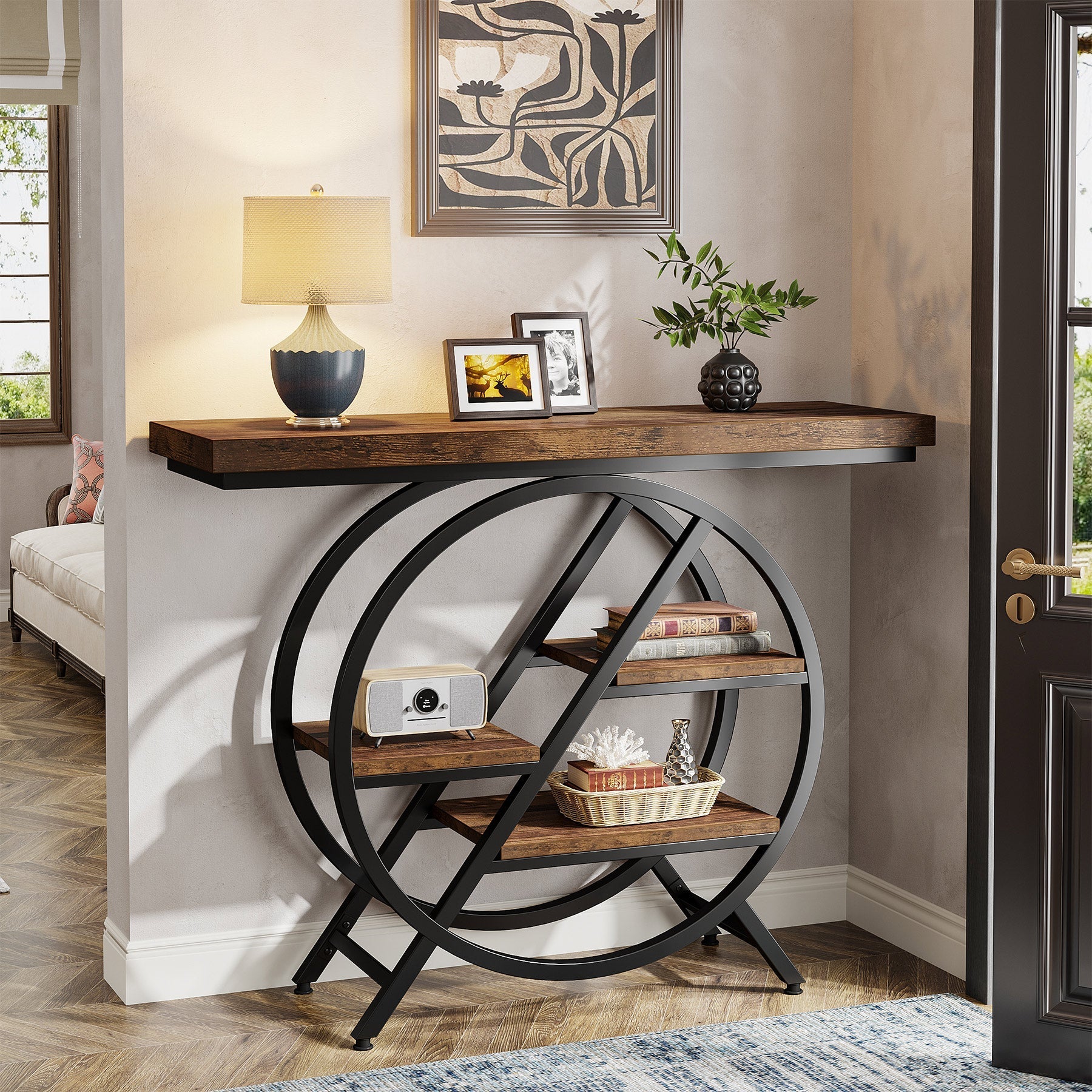 100 cm Industriële Consoletafel – Geometrisch Frame met Dik Blad voor Rustieke Uitstraling