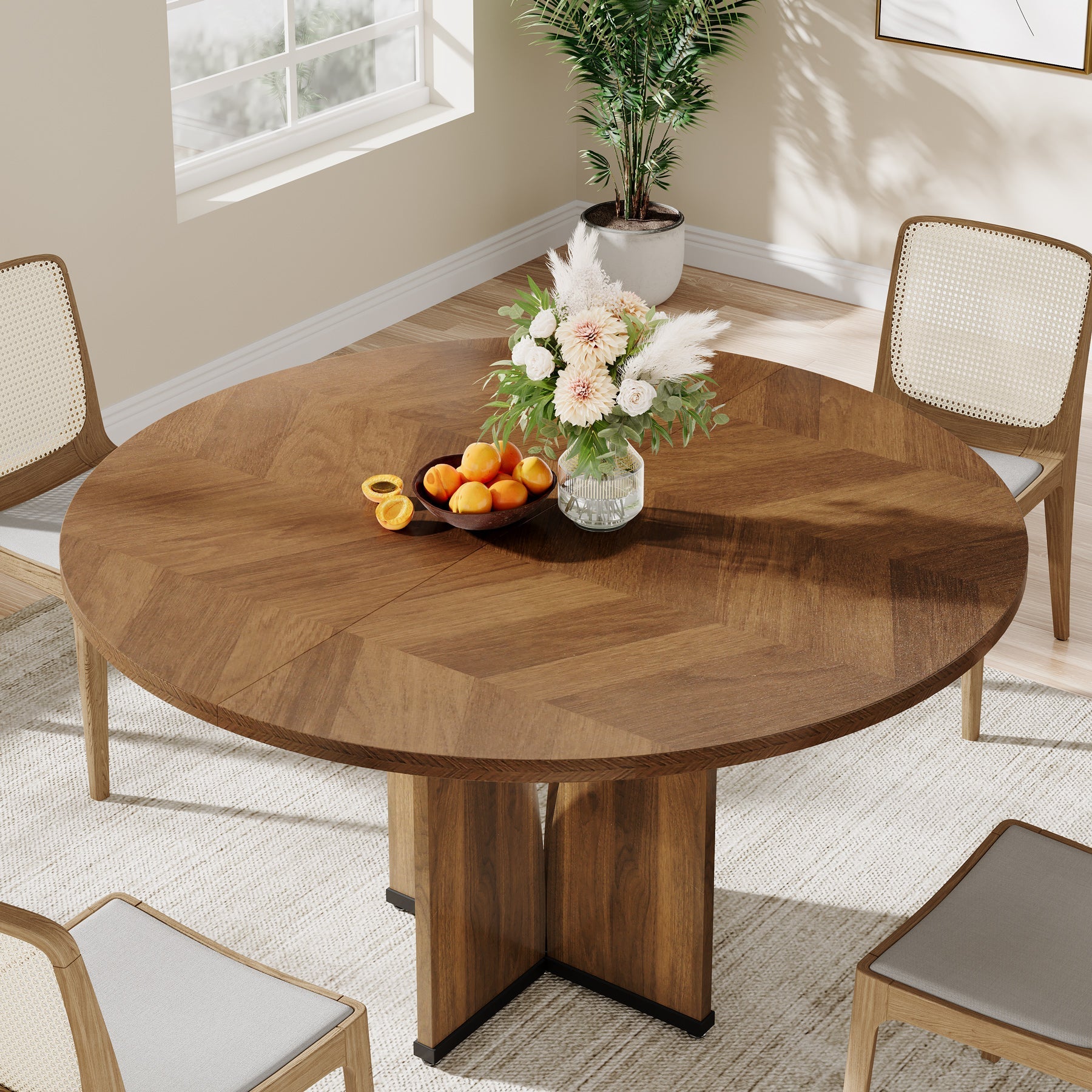 100 cm Ronde Eettafel voor Vier Personen, Landelijke Keukentafel met X-Vormige Voet