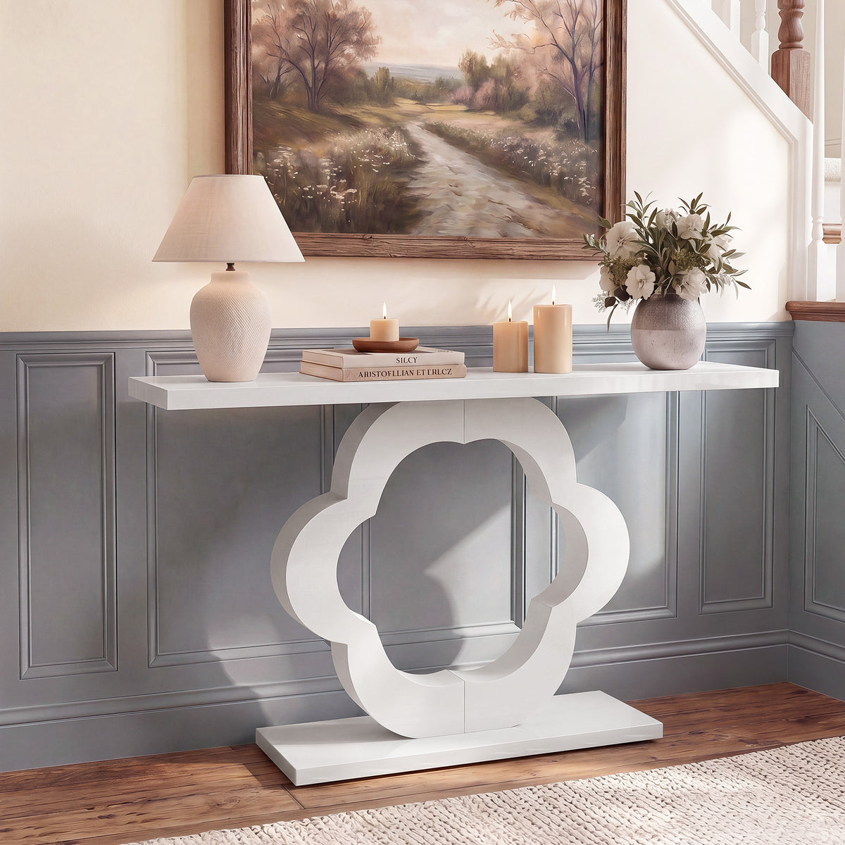 100 cm smalle consoletafel met hoogglans afwerking en modern bloemvormig frame, entree tafel voor hal en woonkamer