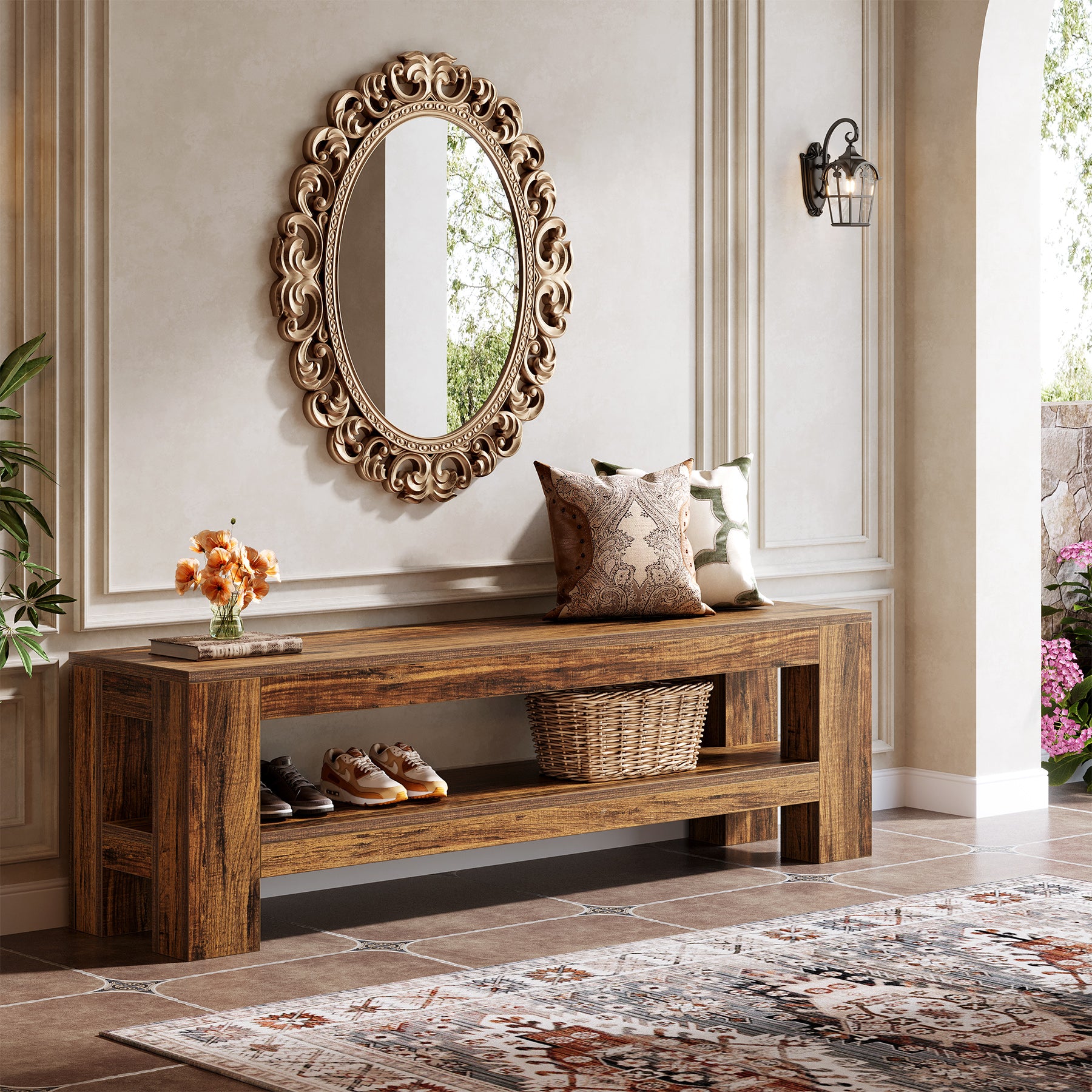 Tribesigns 150 cm Houten Halbank met Opbergplank, Landelijke Schoenenbank voor Hal Keuken Entree