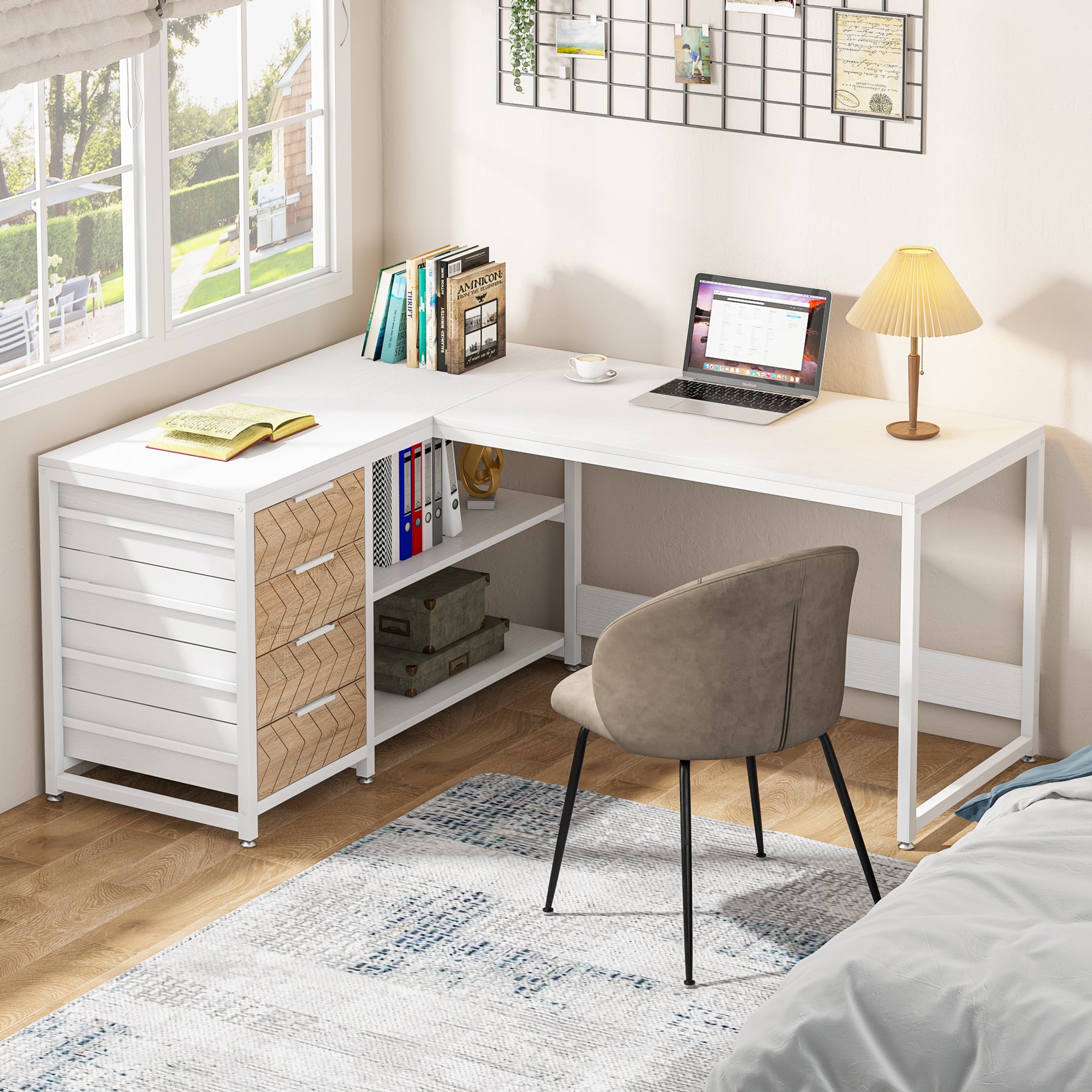 150 cm L-vormig Bureau, Met 4 Laden en 2 Planken voor Kantoor en Werkkamer