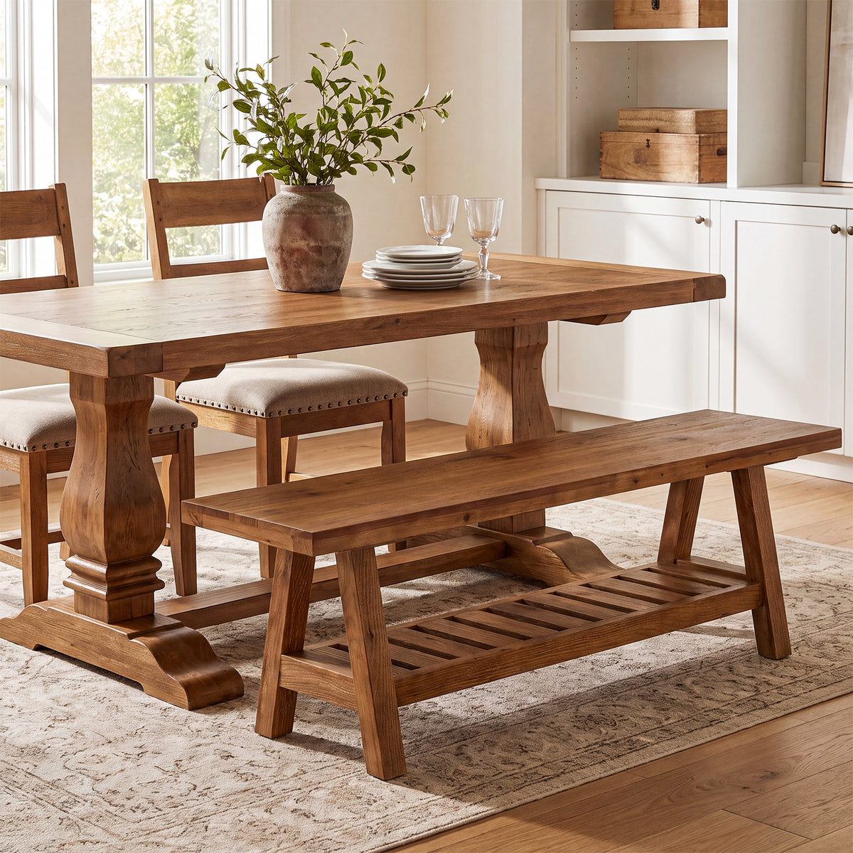 140 cm houten eetbank met open opbergrek en massief hout design, landelijke zitbank voor eetkamer en keuken