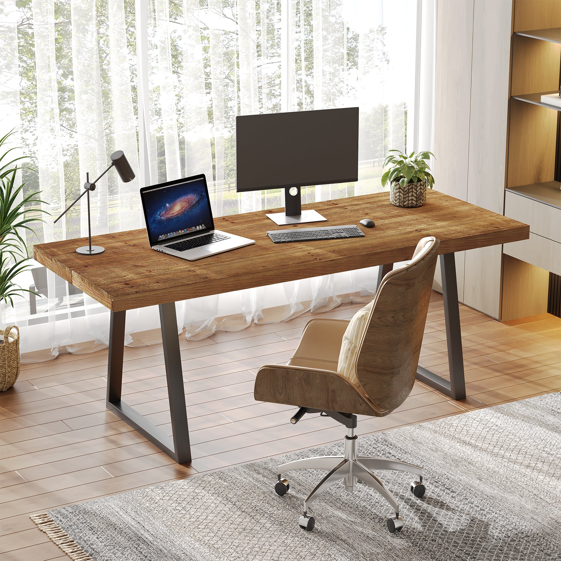 160 cm Industrieel Bureau, Massief Houten Blad met Robuuste Metalen Poten