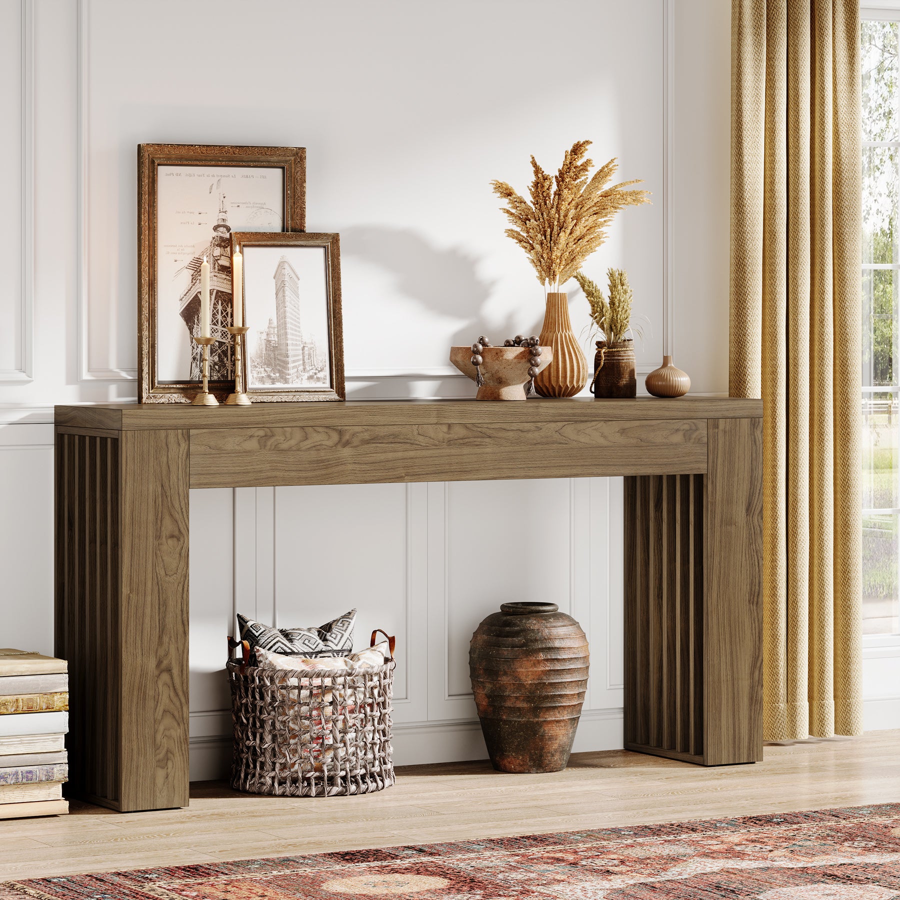 150 cm Lange Houten Salontafel achter de Bank, Consoletafel met Verticale Lattenpoten