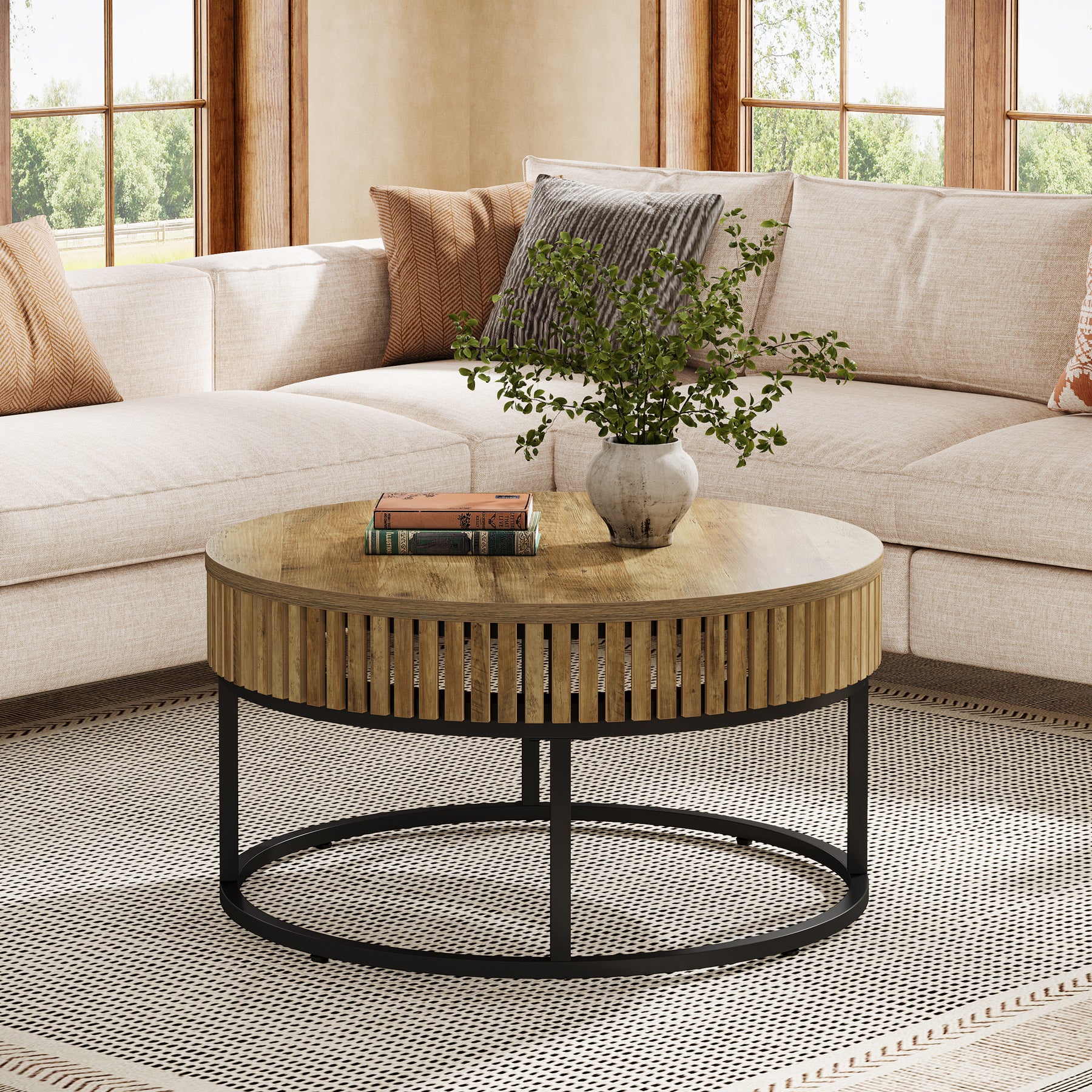 80 cm Ronde Salontafel van Hout, Moderne Industriële Koffietafel voor de Woonkamer