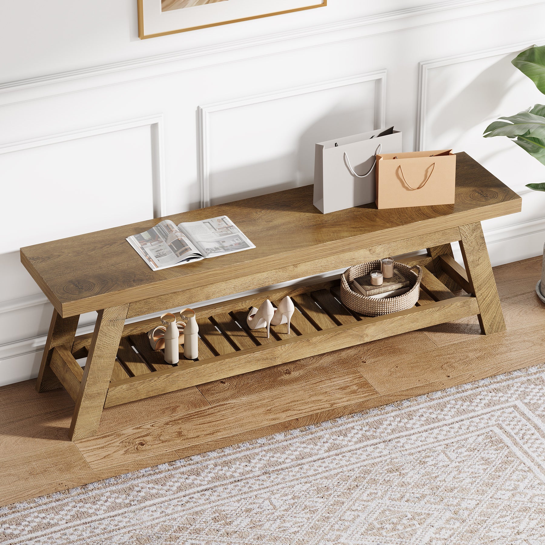 140 cm Houten Bank voor Entree, 2-Laagse Smalle Opbergbank met Open Planken voor Hal