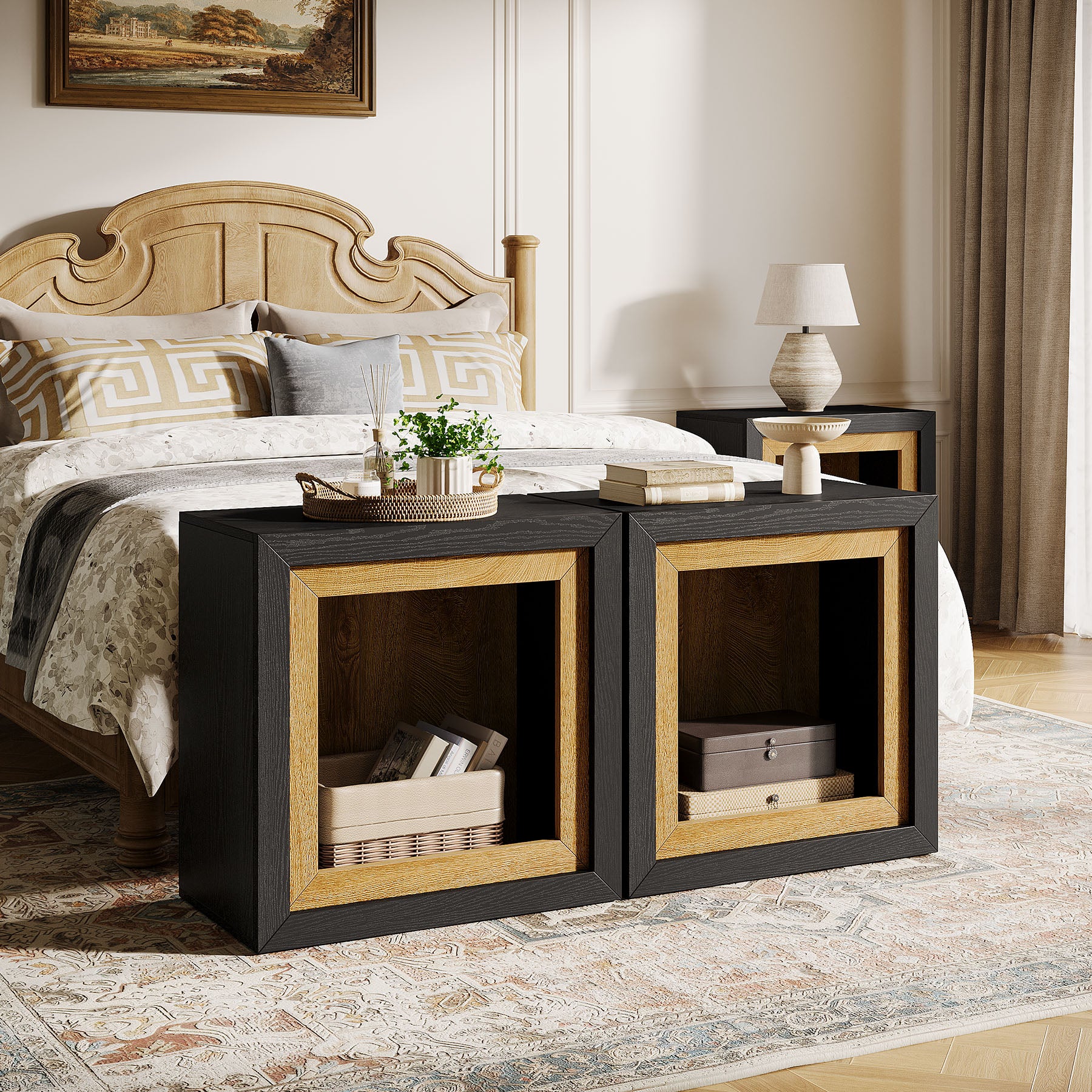 60 cm Nachtkastje, Houten Kubus Bedside Tafel met Frame-Geïnspireerd Ontwerp