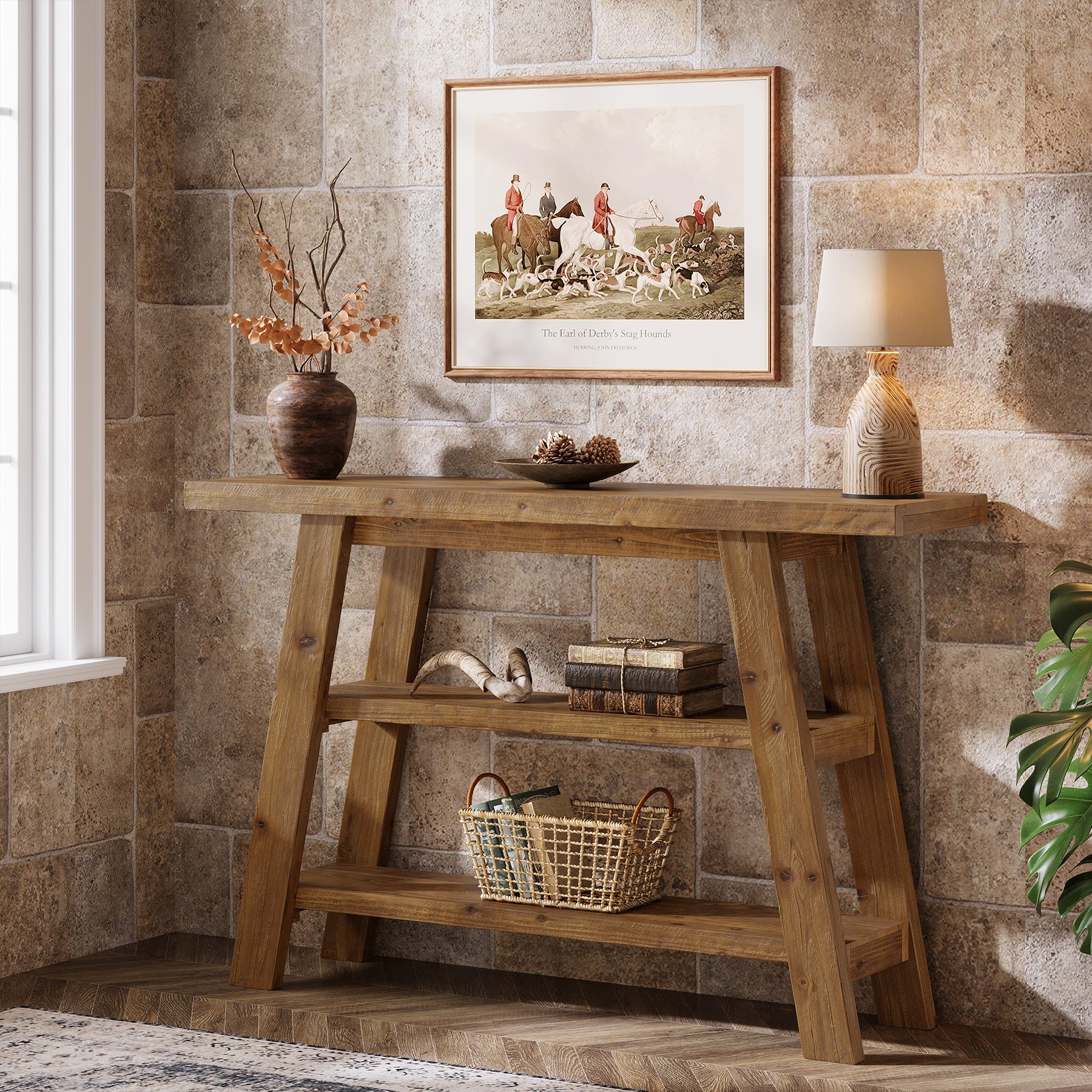 120 cm Tribesigns Massief Houten Consoletafel met 3 Niveaus, Smalle Boerderijstijl Entreetafel voor Hal en Woonkamer