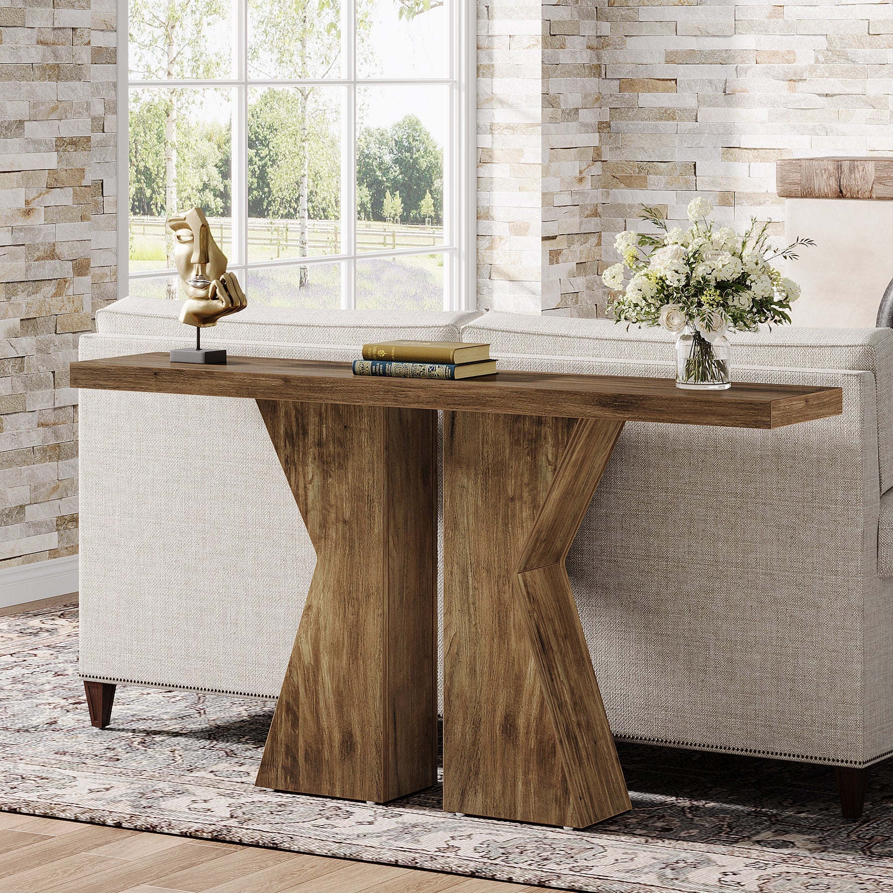 140 cm Boerenstijl Entreetafel, K-Vormig Frame voor Woonkamer en Hal in Rustiek Bruin