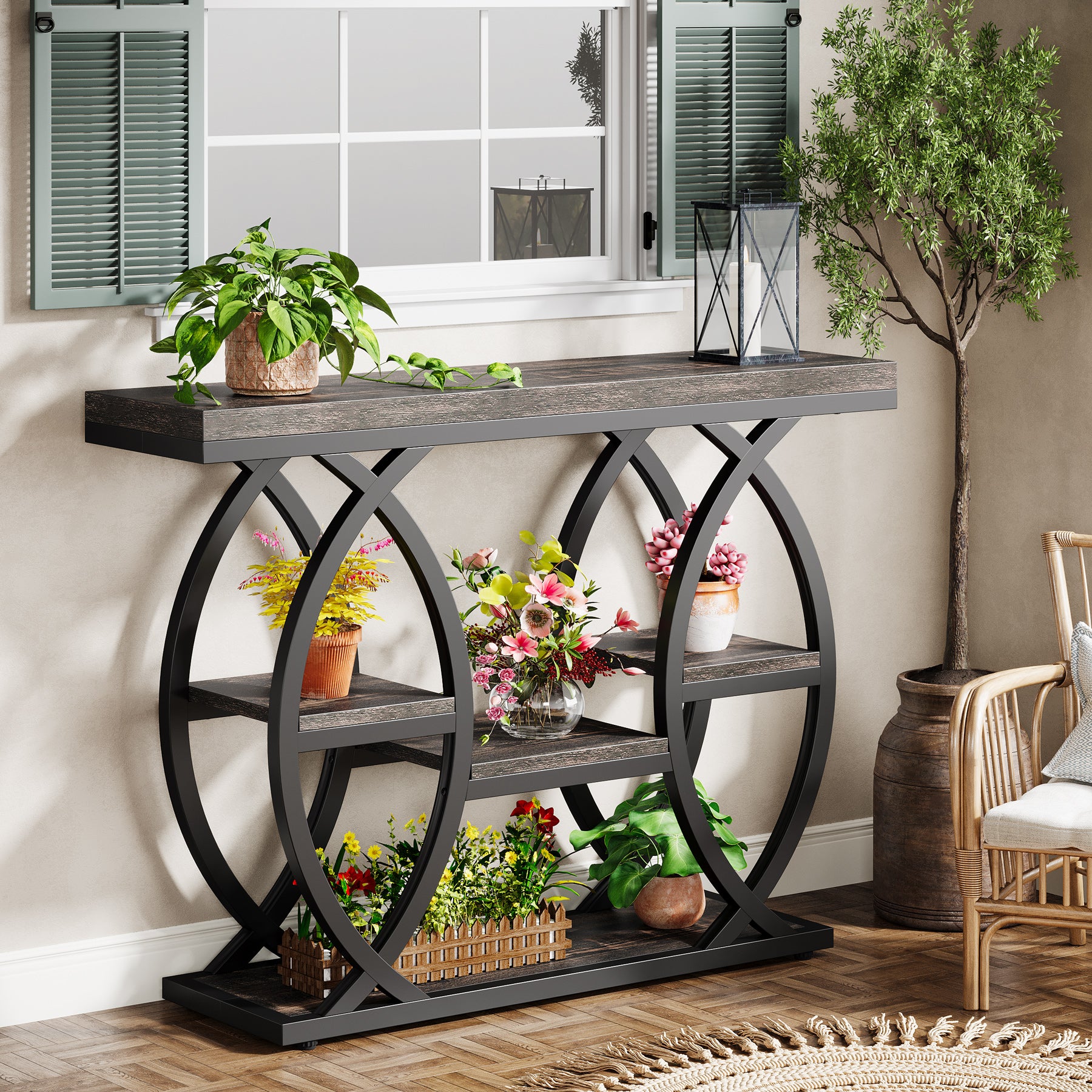 Industrieel Consoletafel 100 cm met 4 Opbergplanken, Smalle Houten Bijzettafel voor hal en Kleine Ruimtes