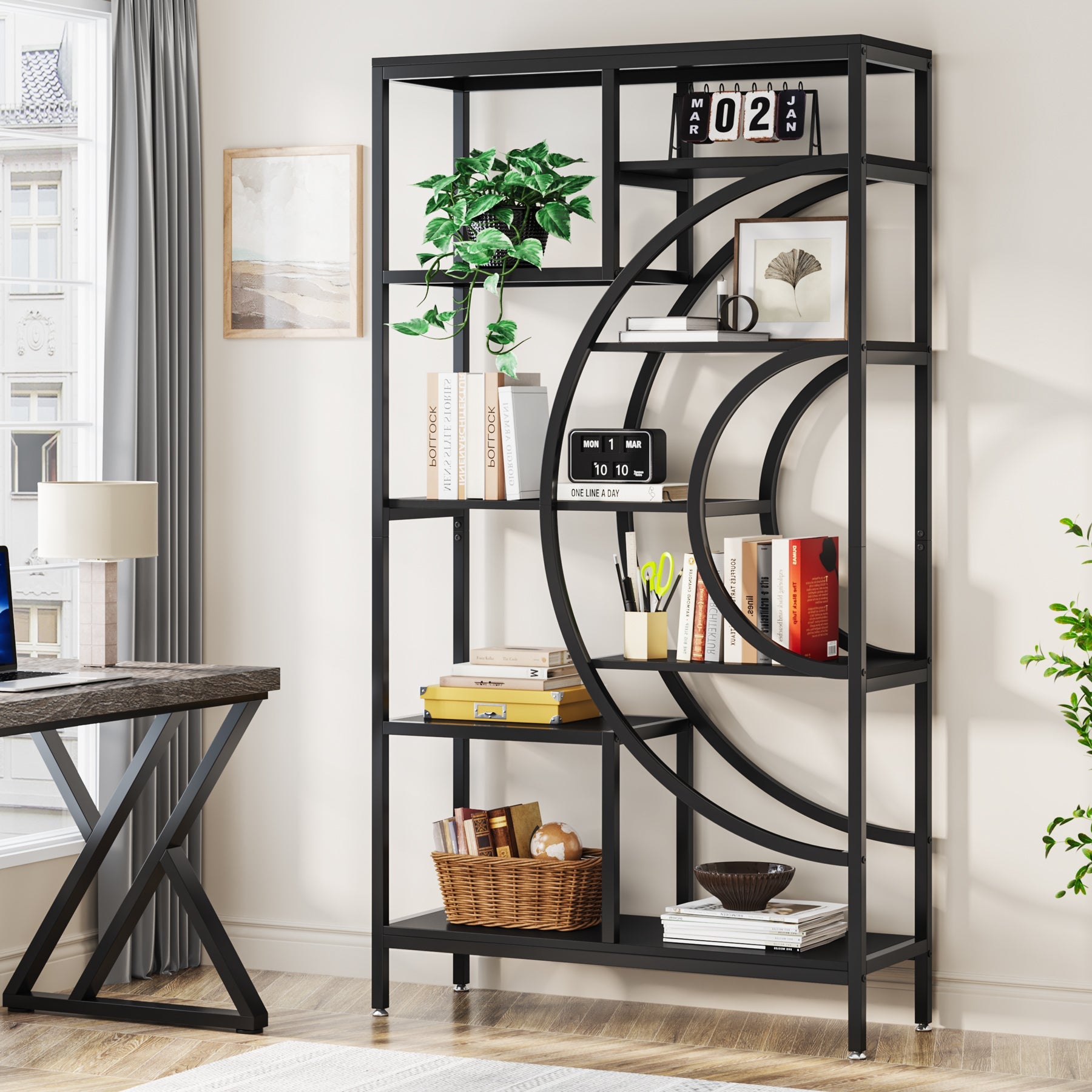 180 cm Geometrische Boekenkast, Industriële 8-Lags Boekenplank met Metalen Frame